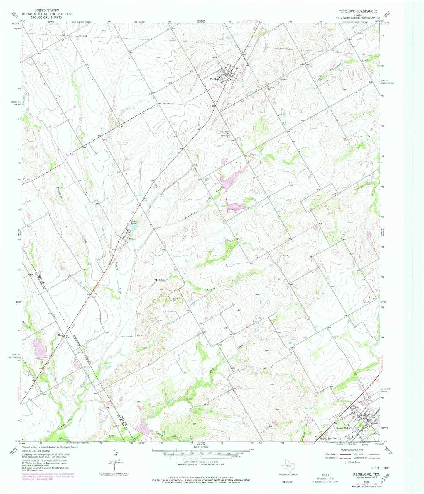Classic USGS Penelope Texas 7.5'x7.5' Topo Map Image