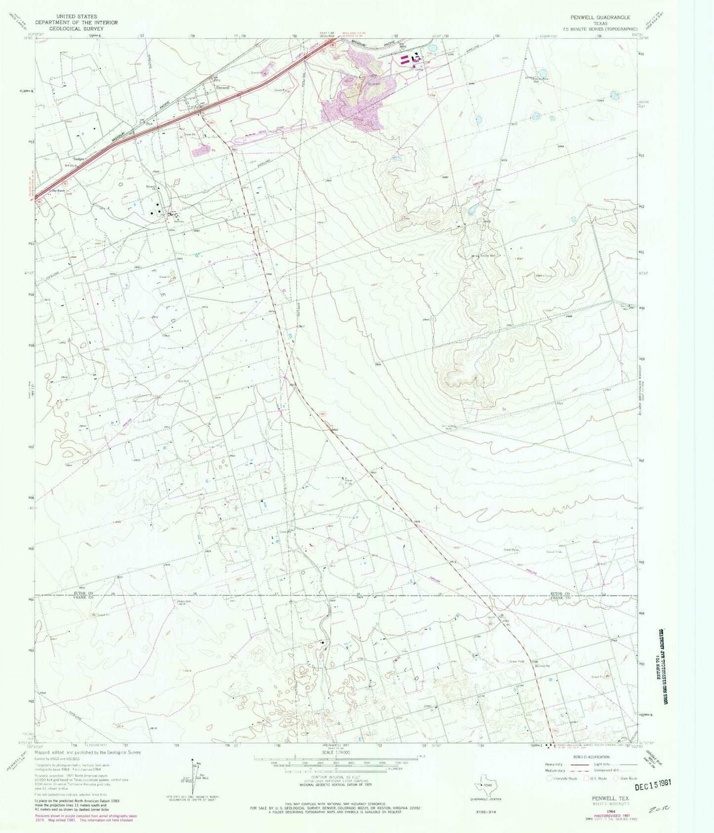 Classic USGS Penwell Texas 7.5'x7.5' Topo Map Image