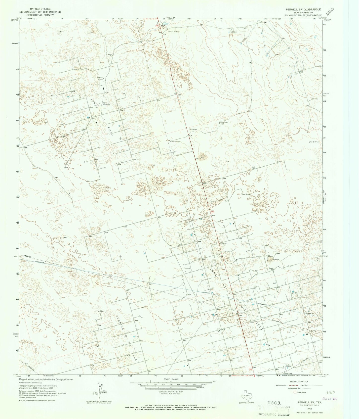 Classic USGS Penwell SW Texas 7.5'x7.5' Topo Map Image