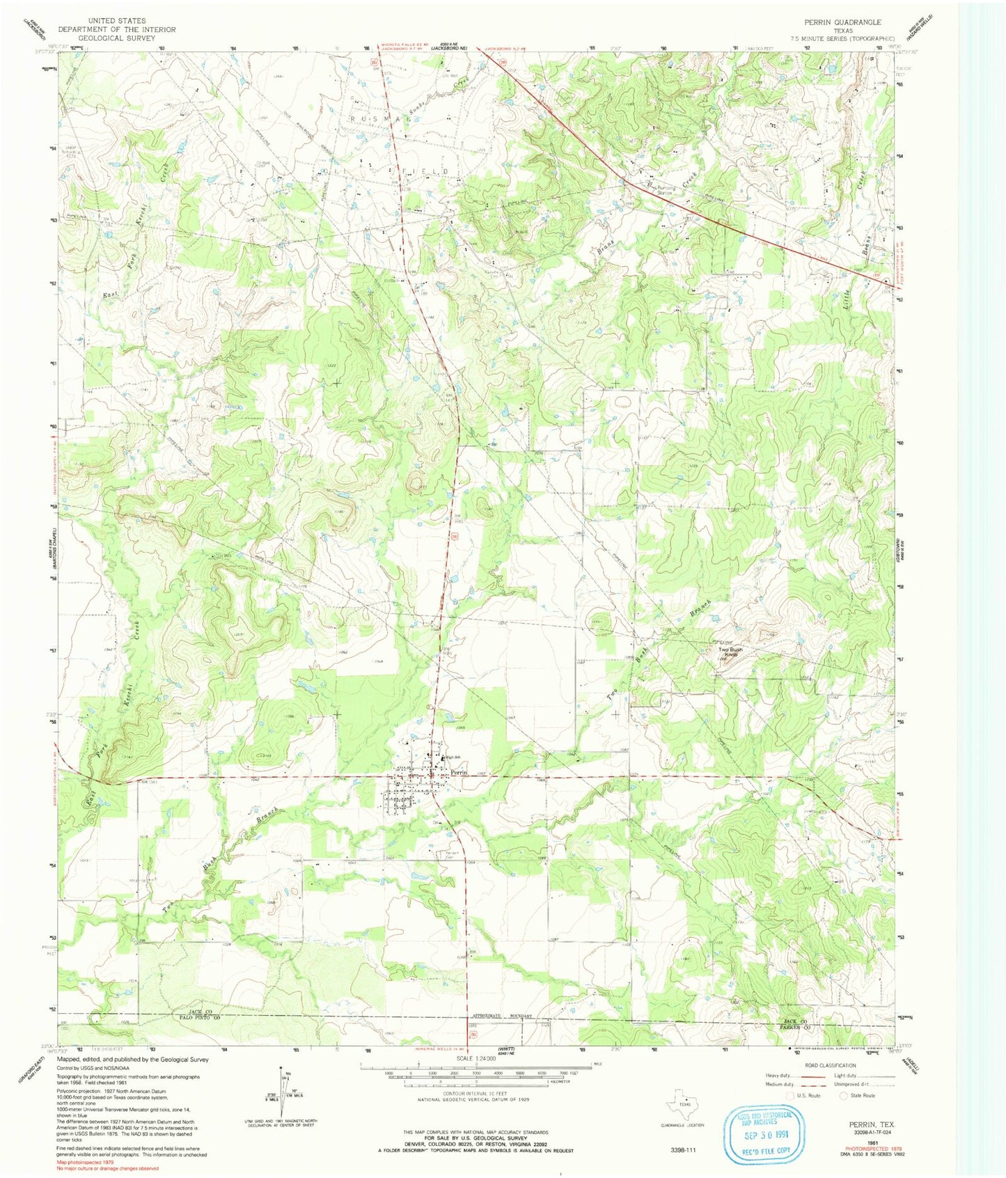 Classic USGS Perrin Texas 7.5'x7.5' Topo Map Image