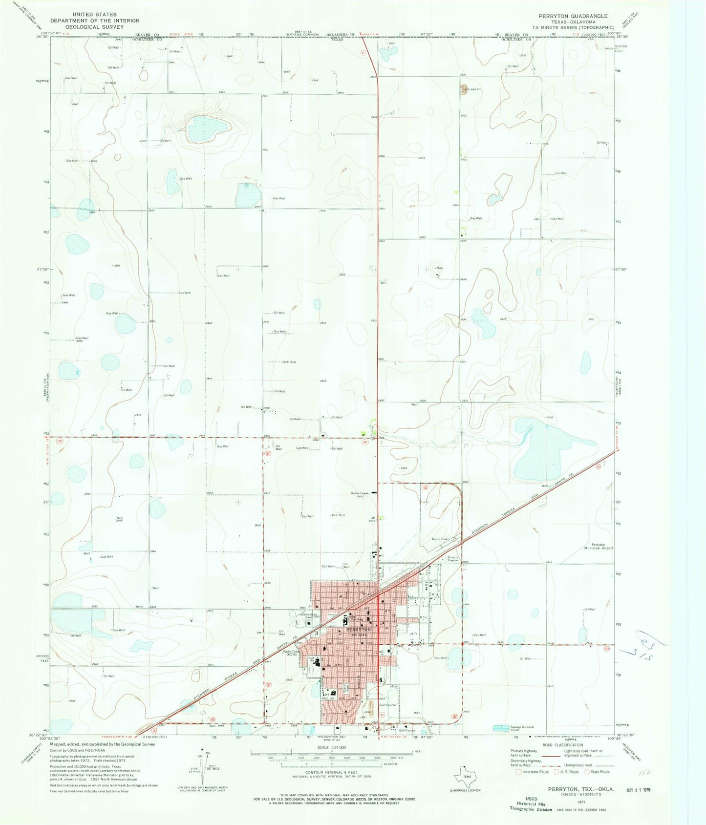 Classic USGS Perryton Texas 7.5'x7.5' Topo Map Image