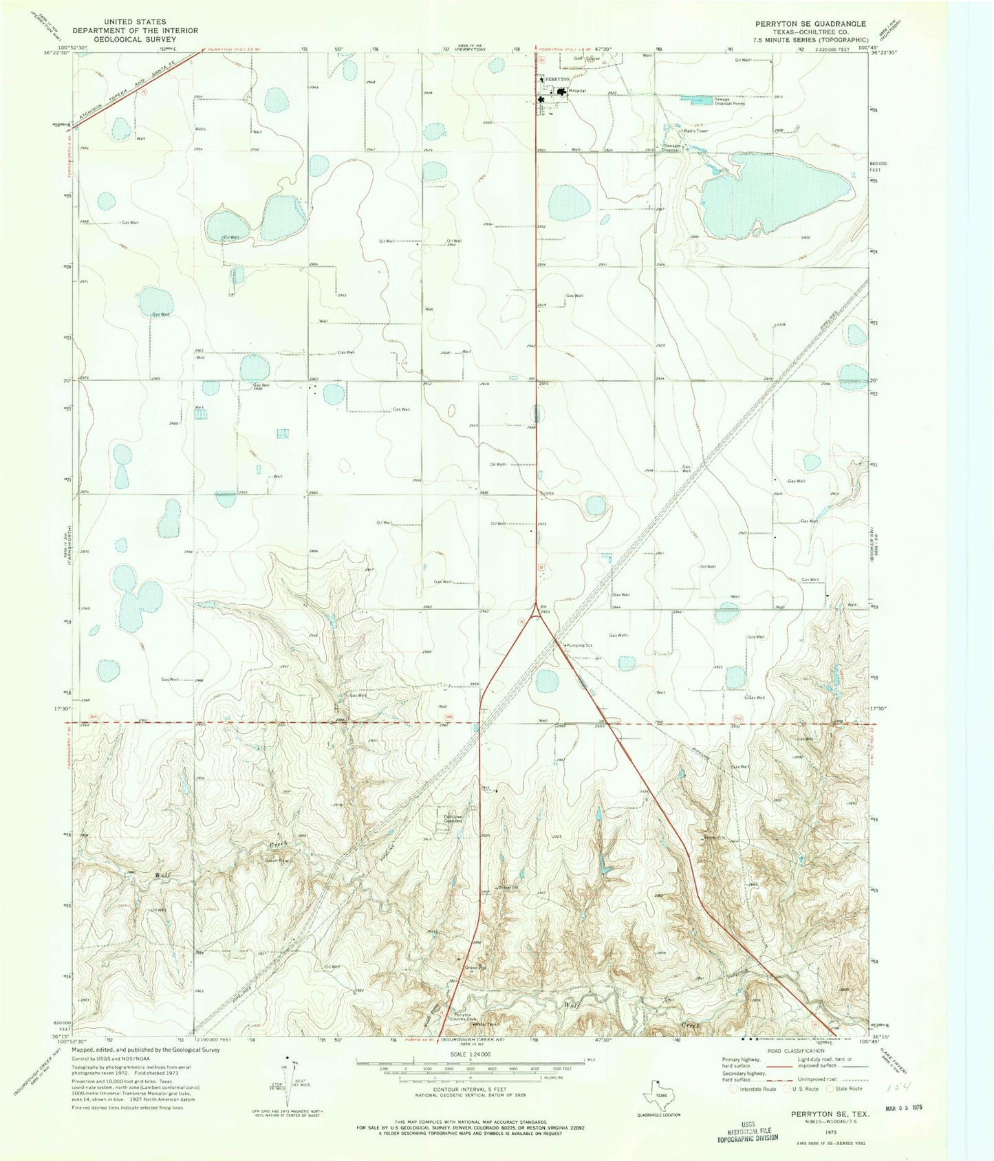 Classic USGS Perryton SE Texas 7.5'x7.5' Topo Map Image