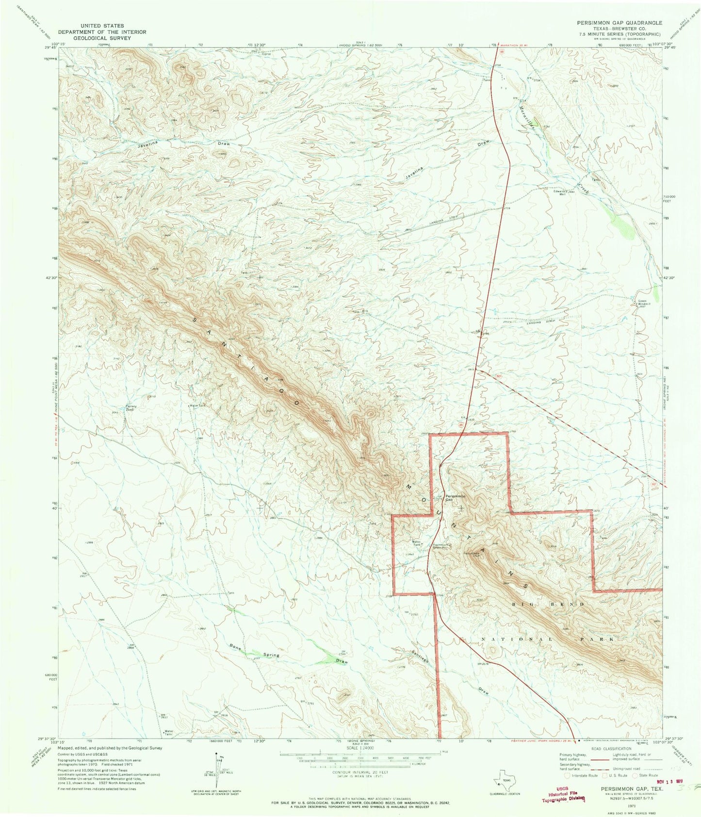 Classic USGS Persimmon Gap Texas 7.5'x7.5' Topo Map Image
