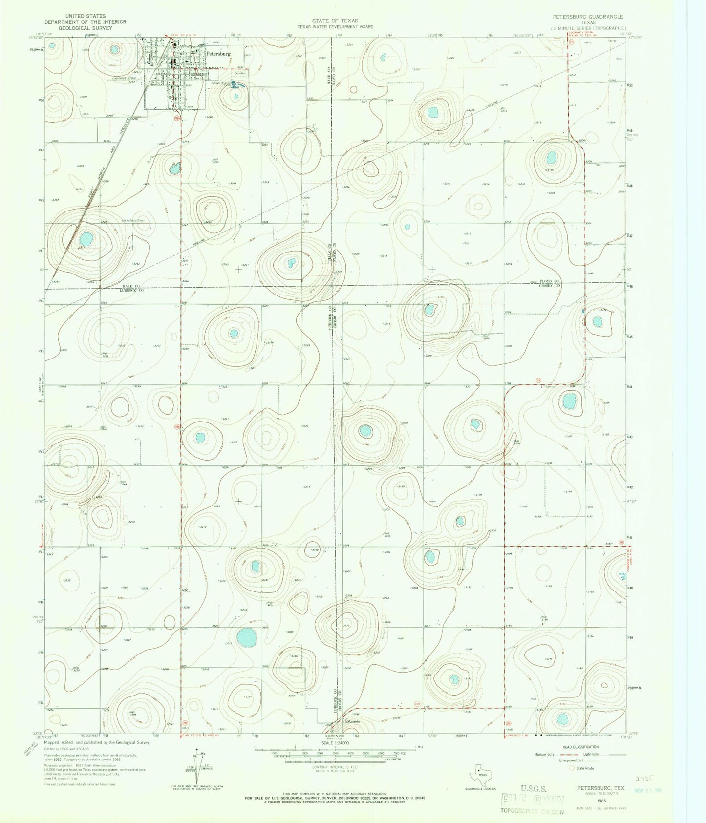 Classic USGS Petersburg Texas 7.5'x7.5' Topo Map Image