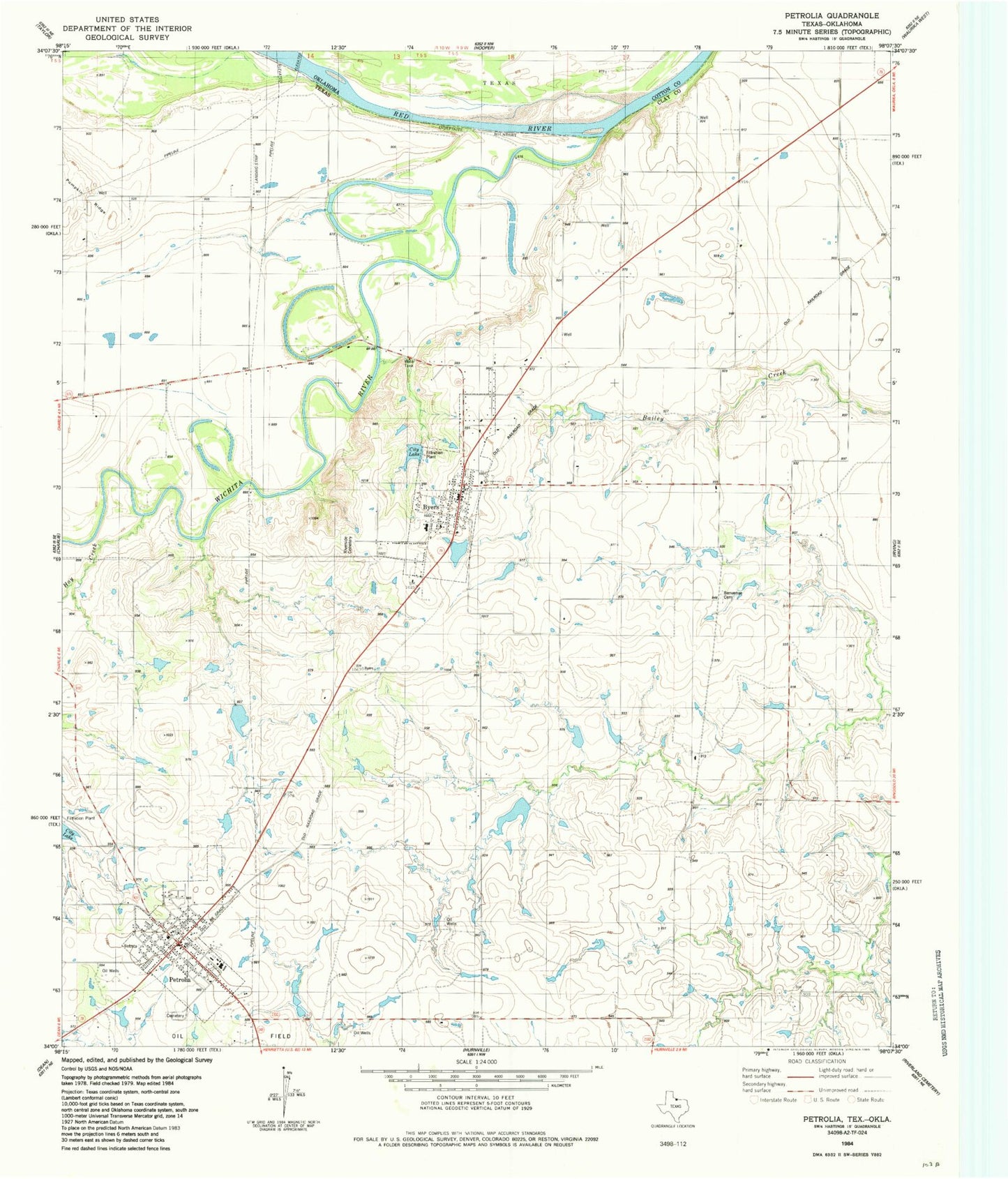 Classic USGS Petrolia Texas 7.5'x7.5' Topo Map Image