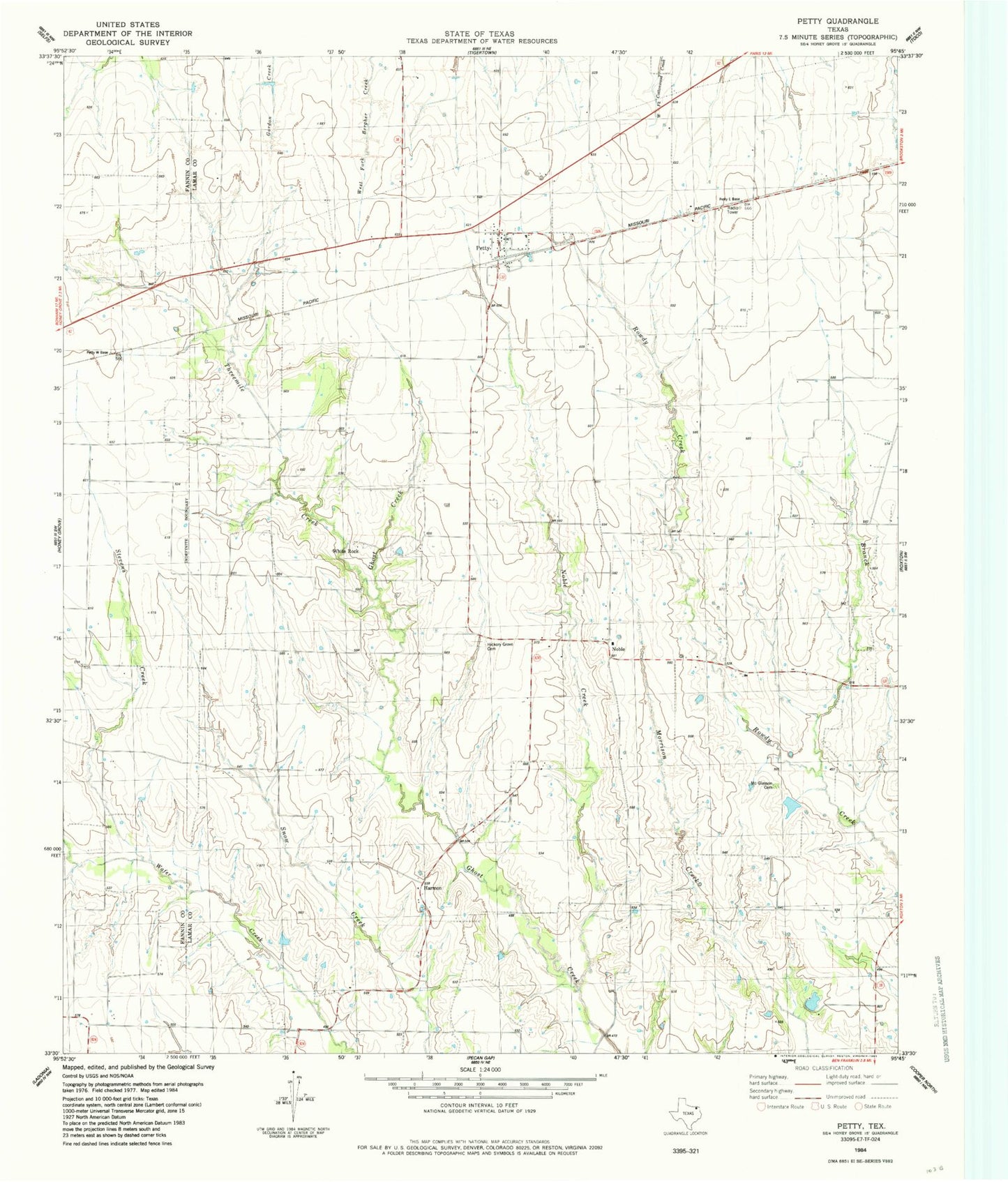 Classic USGS Petty Texas 7.5'x7.5' Topo Map Image