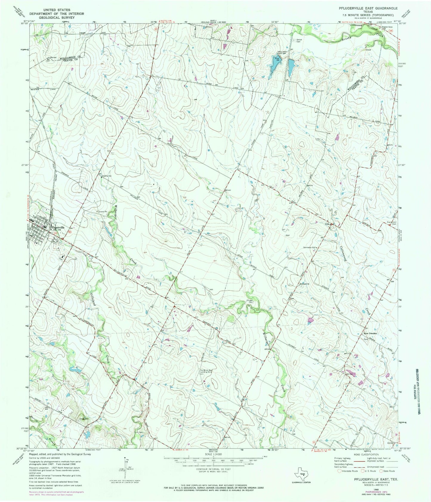 Classic USGS Pflugerville East Texas 7.5'x7.5' Topo Map Image