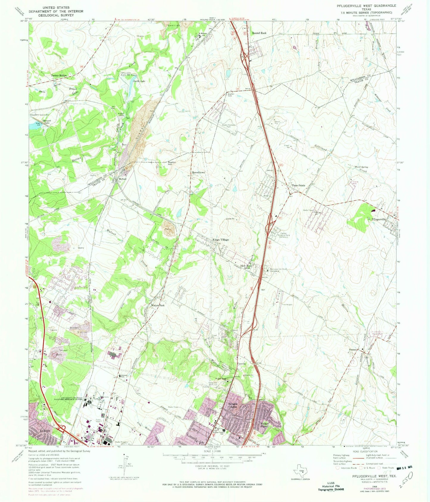 Classic USGS Pflugerville West Texas 7.5'x7.5' Topo Map Image