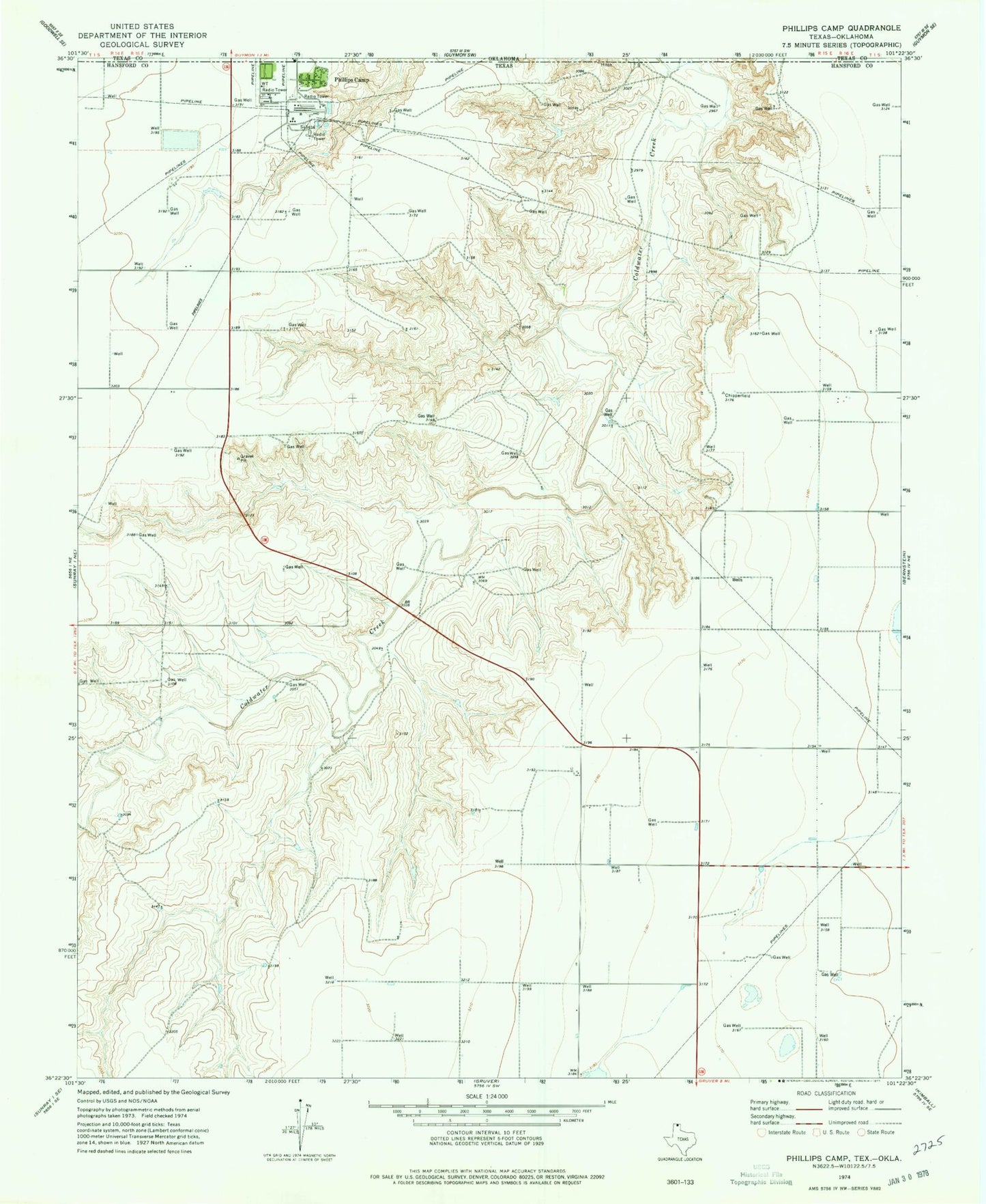 Classic USGS Phillips Camp Texas 7.5'x7.5' Topo Map Image