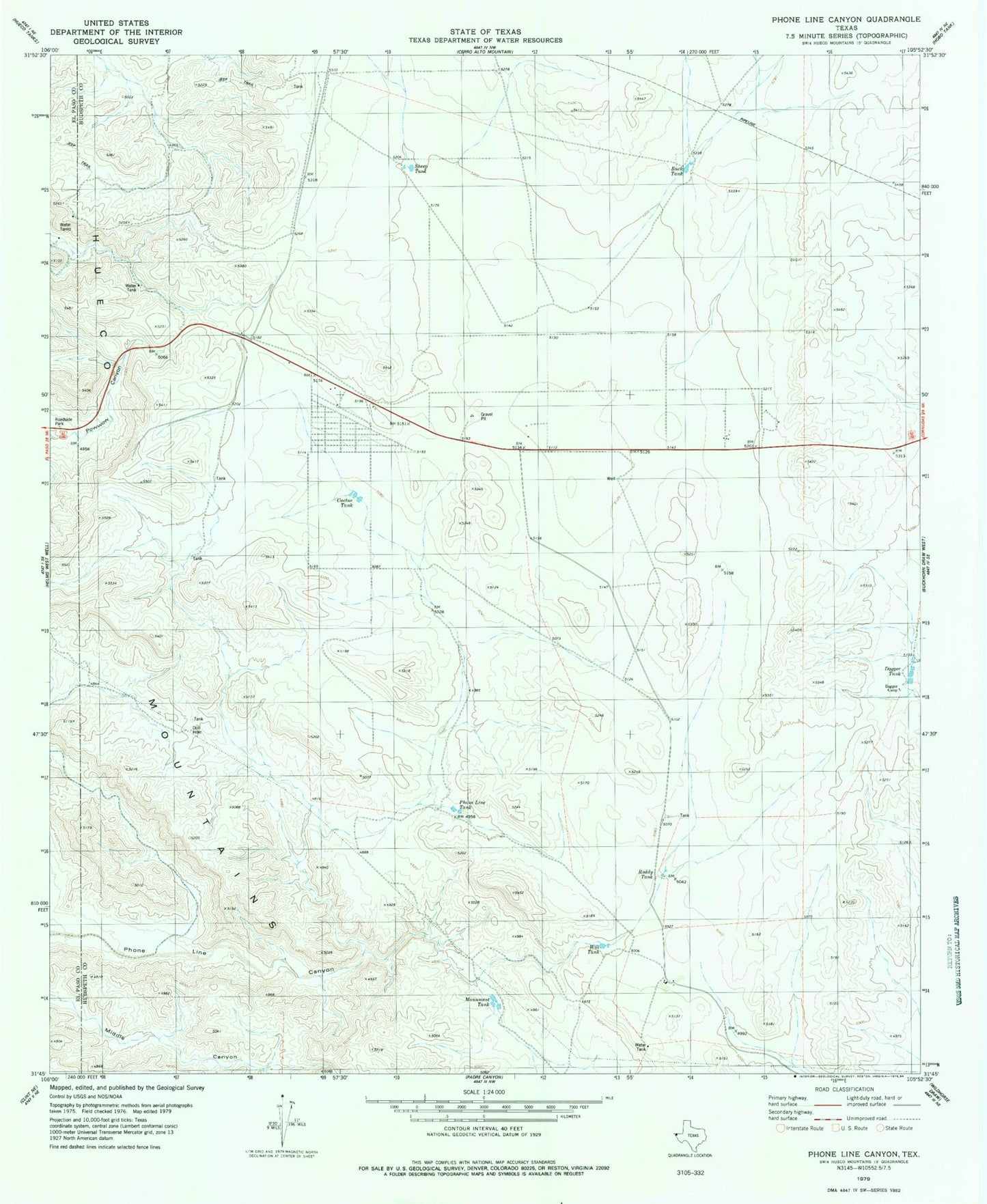 Classic USGS Phone Line Canyon Texas 7.5'x7.5' Topo Map Image
