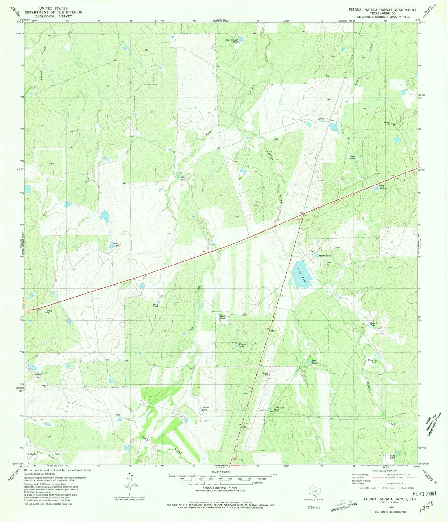 Classic USGS Piedra Parada Ranch Texas 7.5'x7.5' Topo Map Image