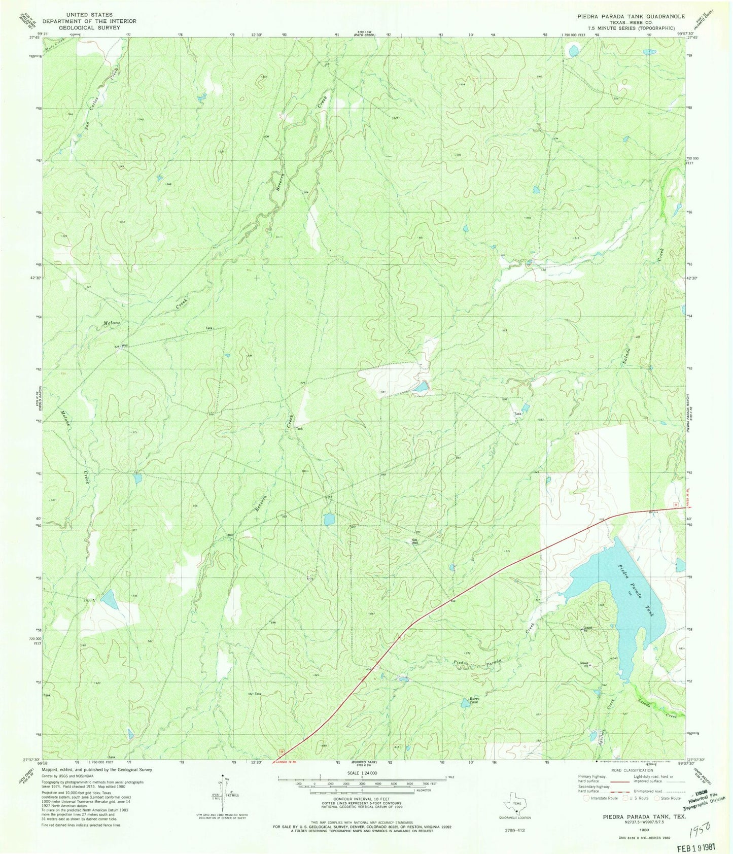 Classic USGS Piedra Parada Tank Texas 7.5'x7.5' Topo Map Image