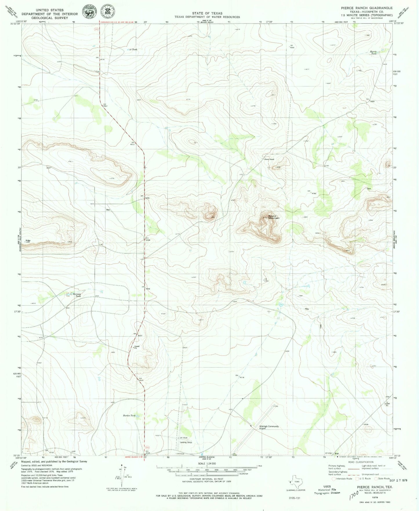 Classic USGS Pierce Ranch Texas 7.5'x7.5' Topo Map Image