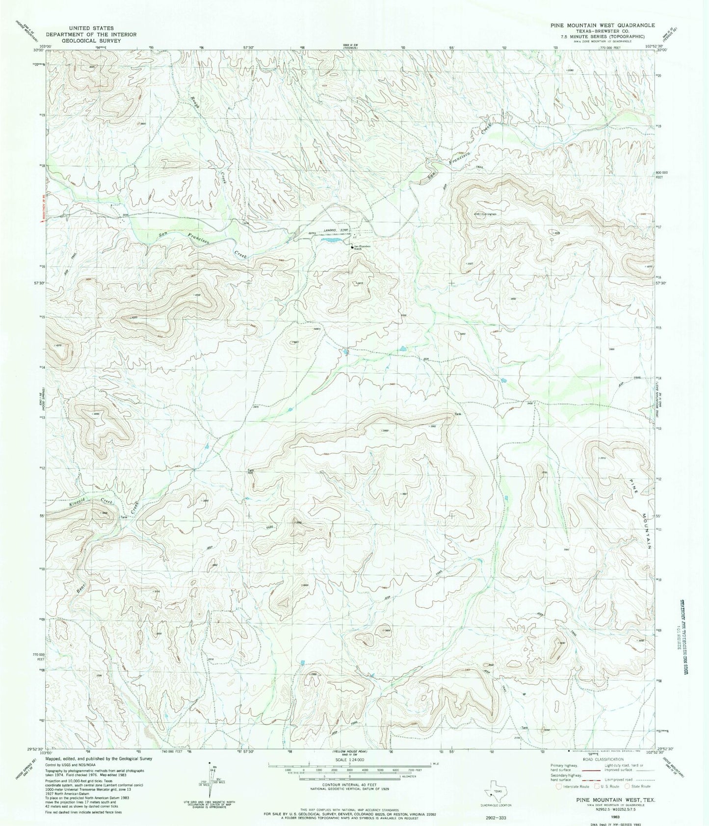 Classic USGS Pine Mountain West Texas 7.5'x7.5' Topo Map Image