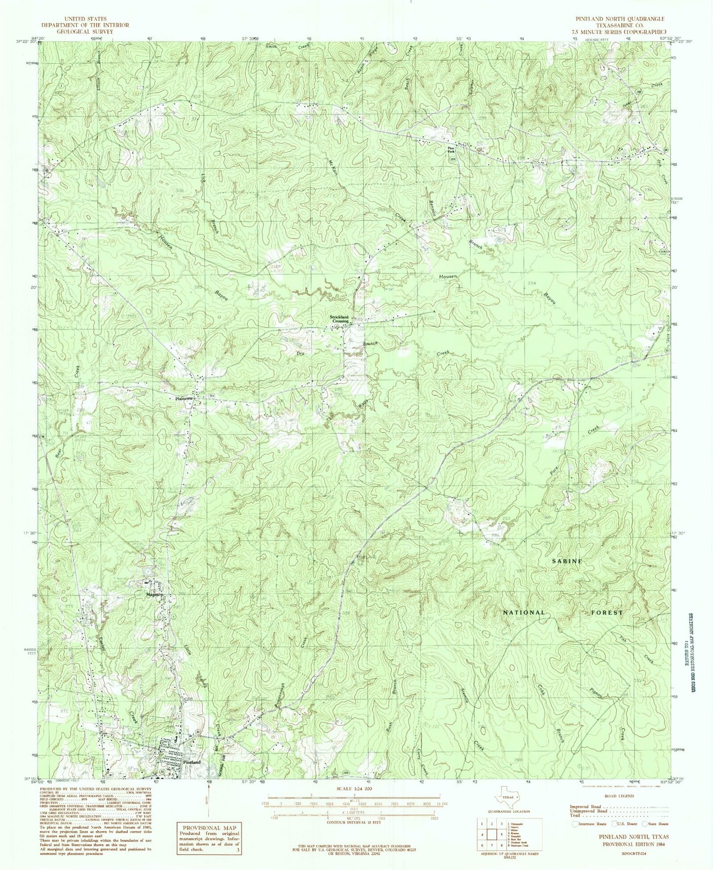 Classic USGS Pineland North Texas 7.5'x7.5' Topo Map Image