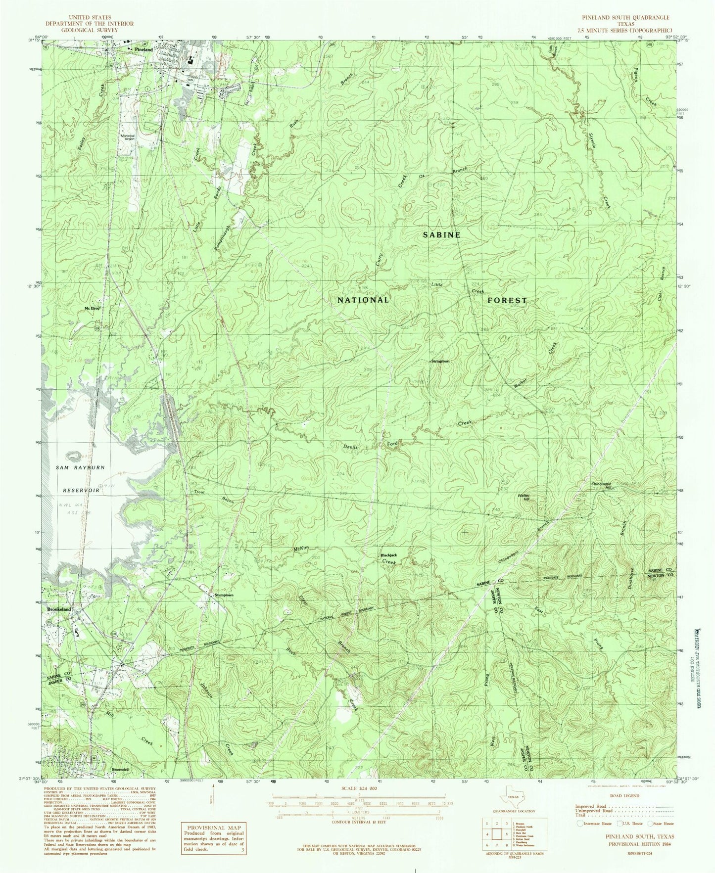 Classic USGS Pineland South Texas 7.5'x7.5' Topo Map Image