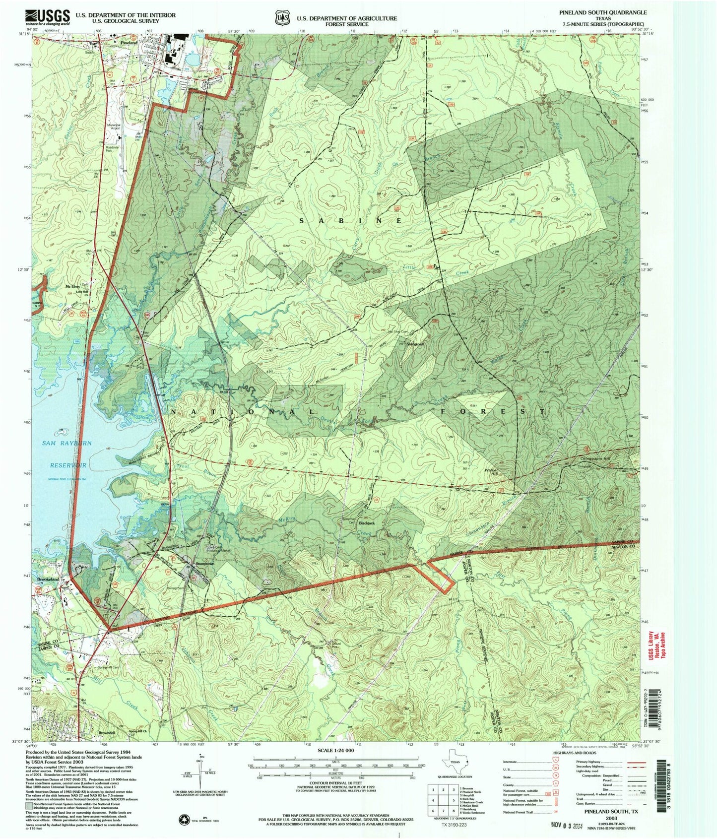 Classic USGS Pineland South Texas 7.5'x7.5' Topo Map Image