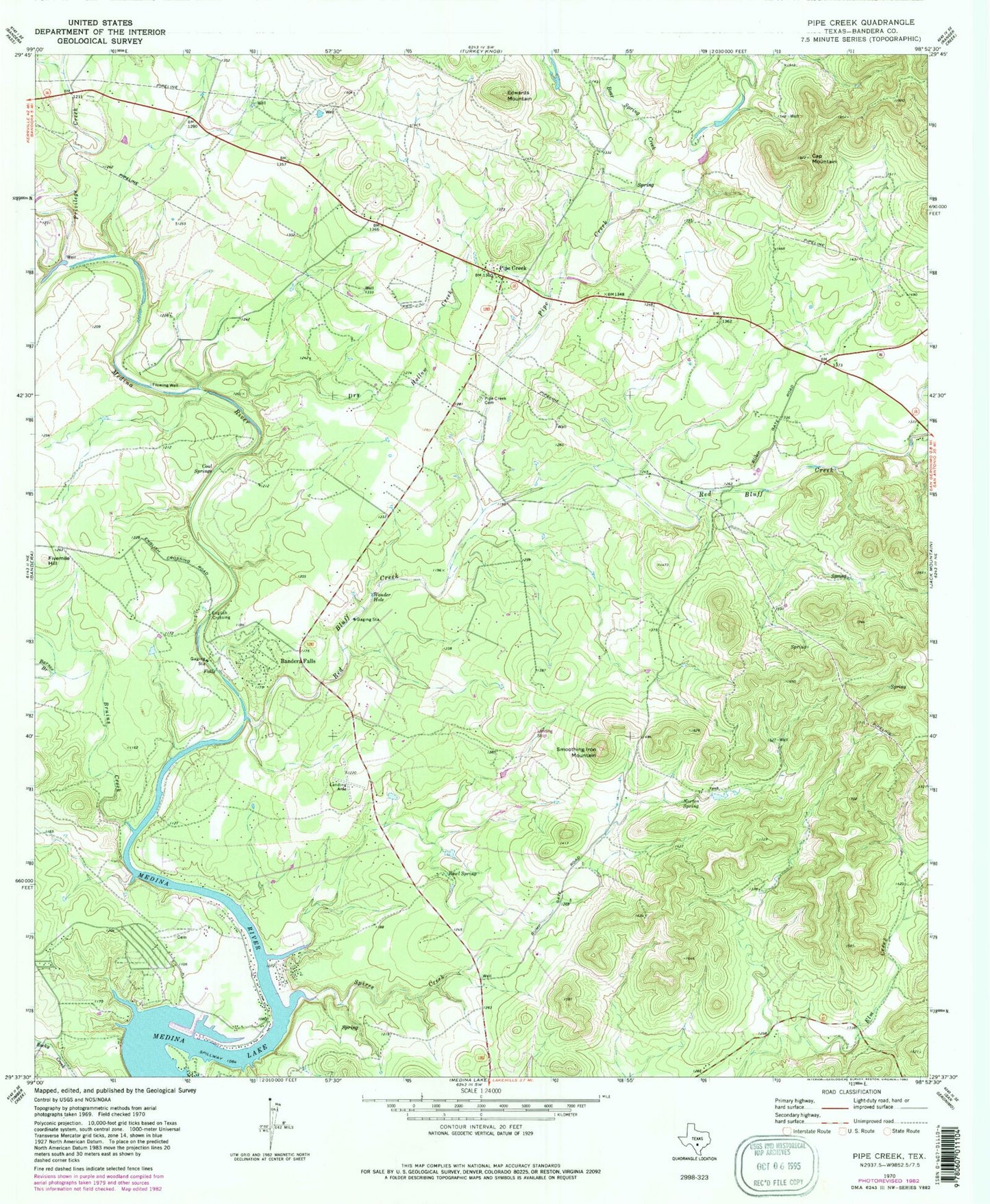 Classic USGS Pipe Creek Texas 7.5'x7.5' Topo Map Image