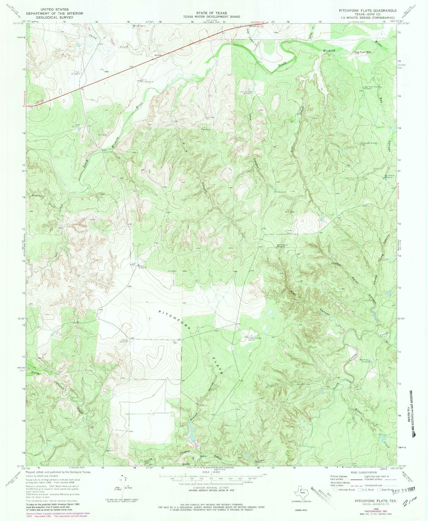 Classic USGS Pitchfork Flats Texas 7.5'x7.5' Topo Map Image