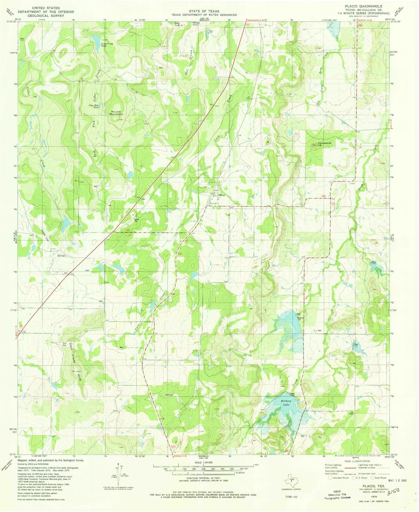 Classic USGS Placid Texas 7.5'x7.5' Topo Map Image