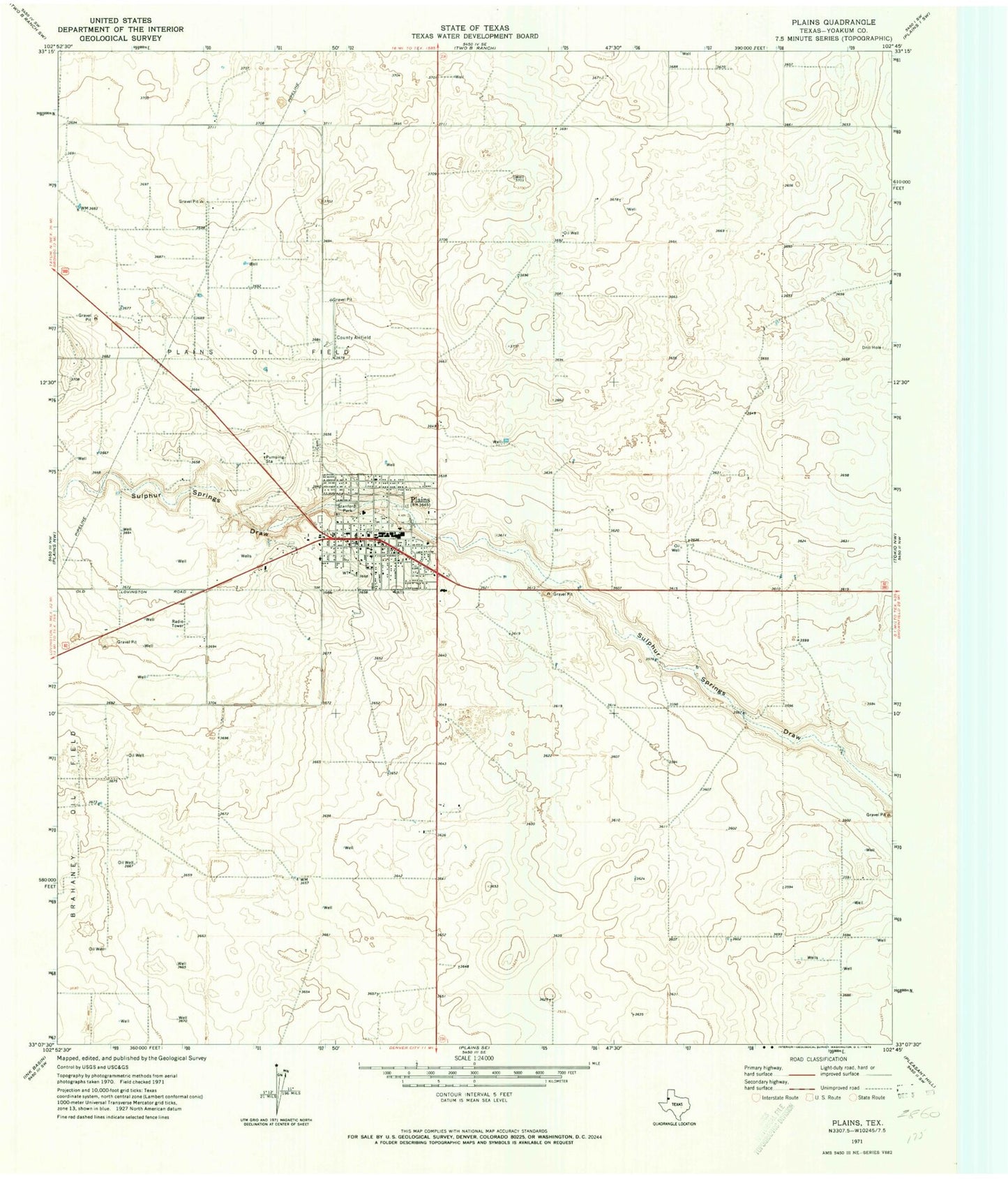Classic USGS Plains Texas 7.5'x7.5' Topo Map Image