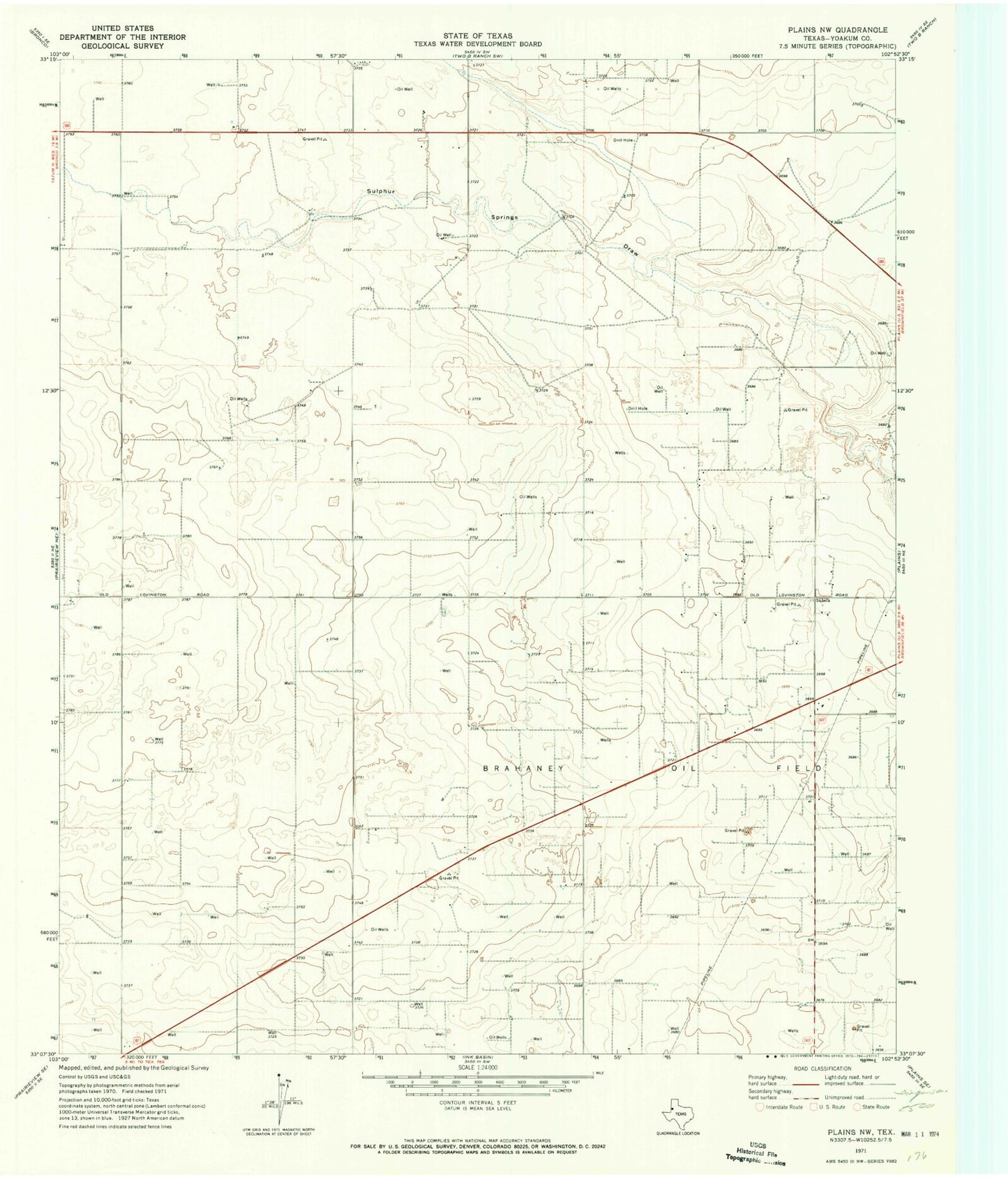 Classic USGS Plains NW Texas 7.5'x7.5' Topo Map Image