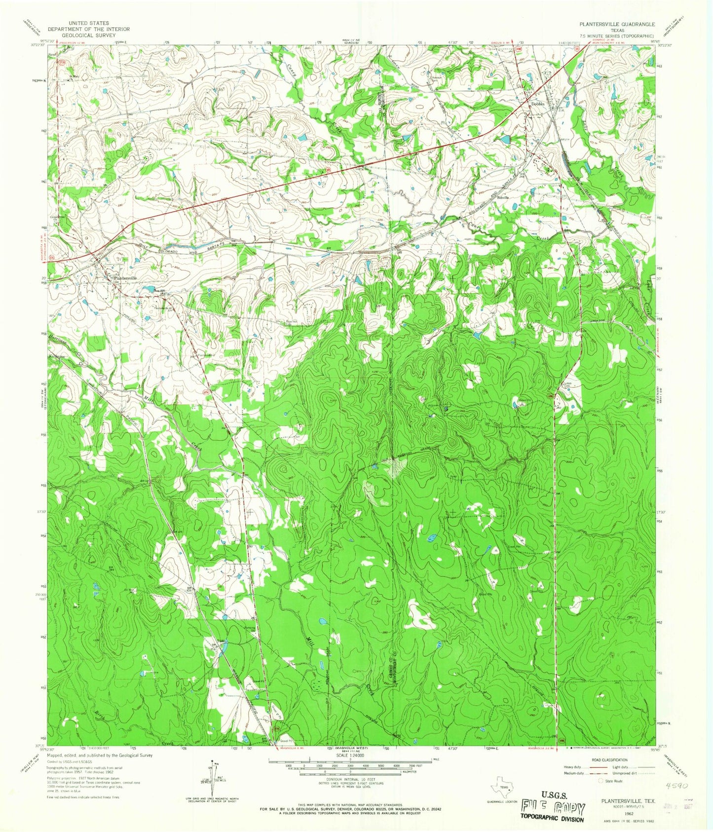 Classic USGS Plantersville Texas 7.5'x7.5' Topo Map Image