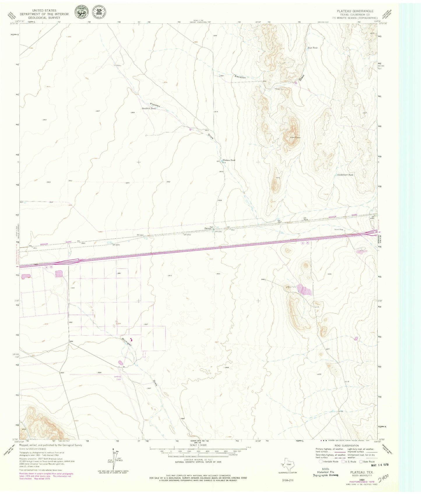 Classic USGS Plateau Texas 7.5'x7.5' Topo Map Image