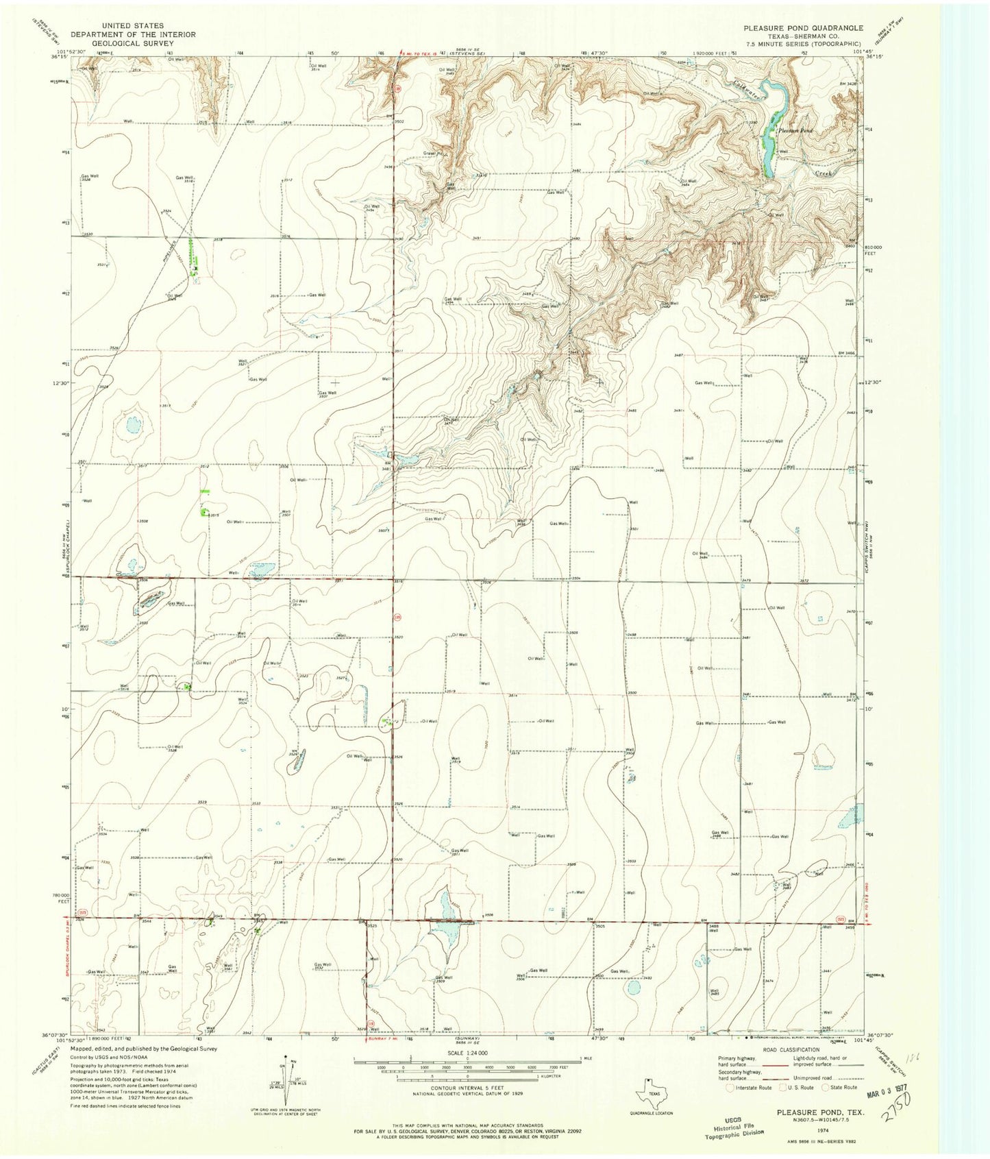 Classic USGS Pleasure Pond Texas 7.5'x7.5' Topo Map Image