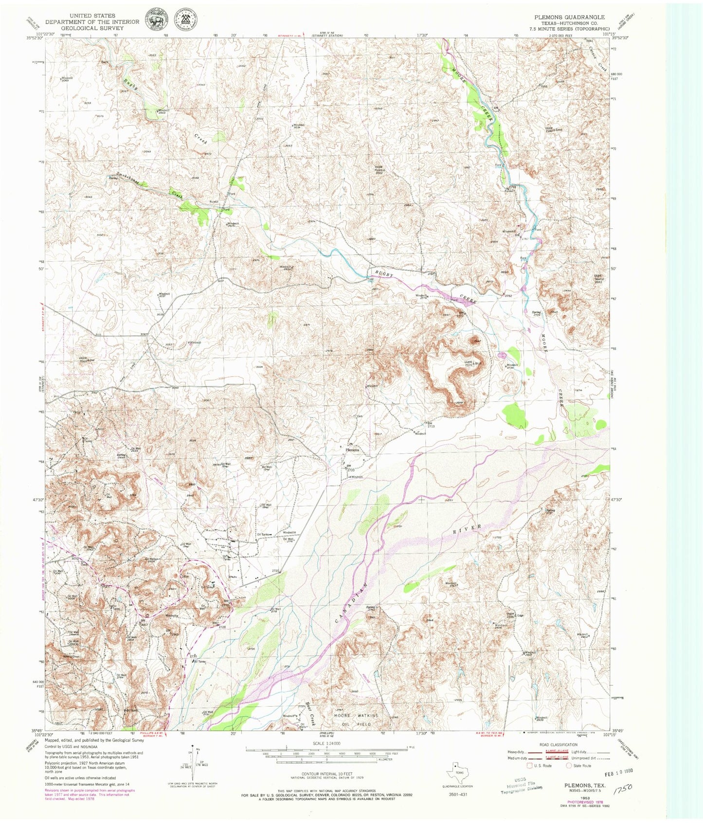 Classic USGS Plemons Texas 7.5'x7.5' Topo Map Image
