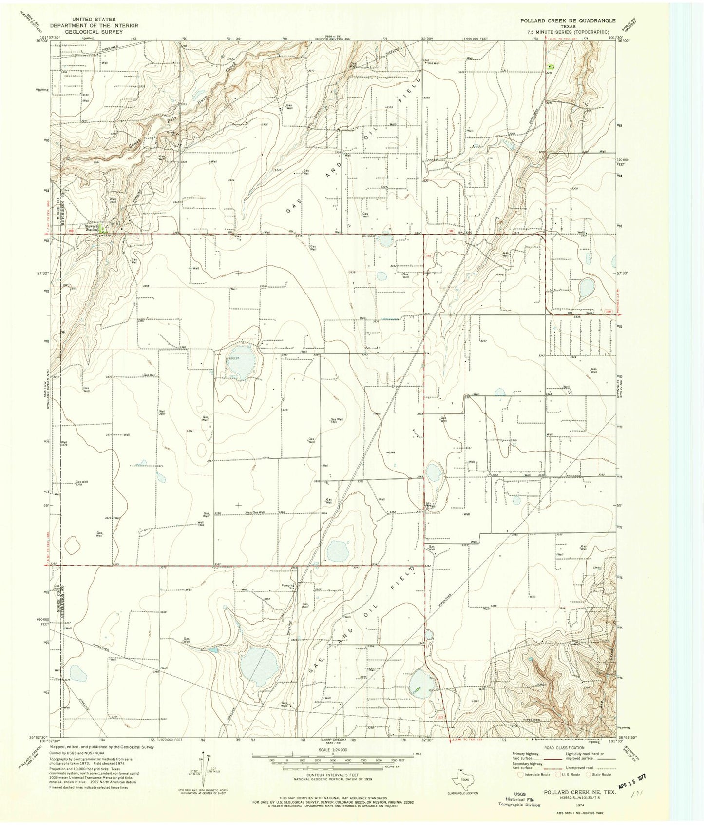 Classic USGS Pollard Creek NE Texas 7.5'x7.5' Topo Map Image