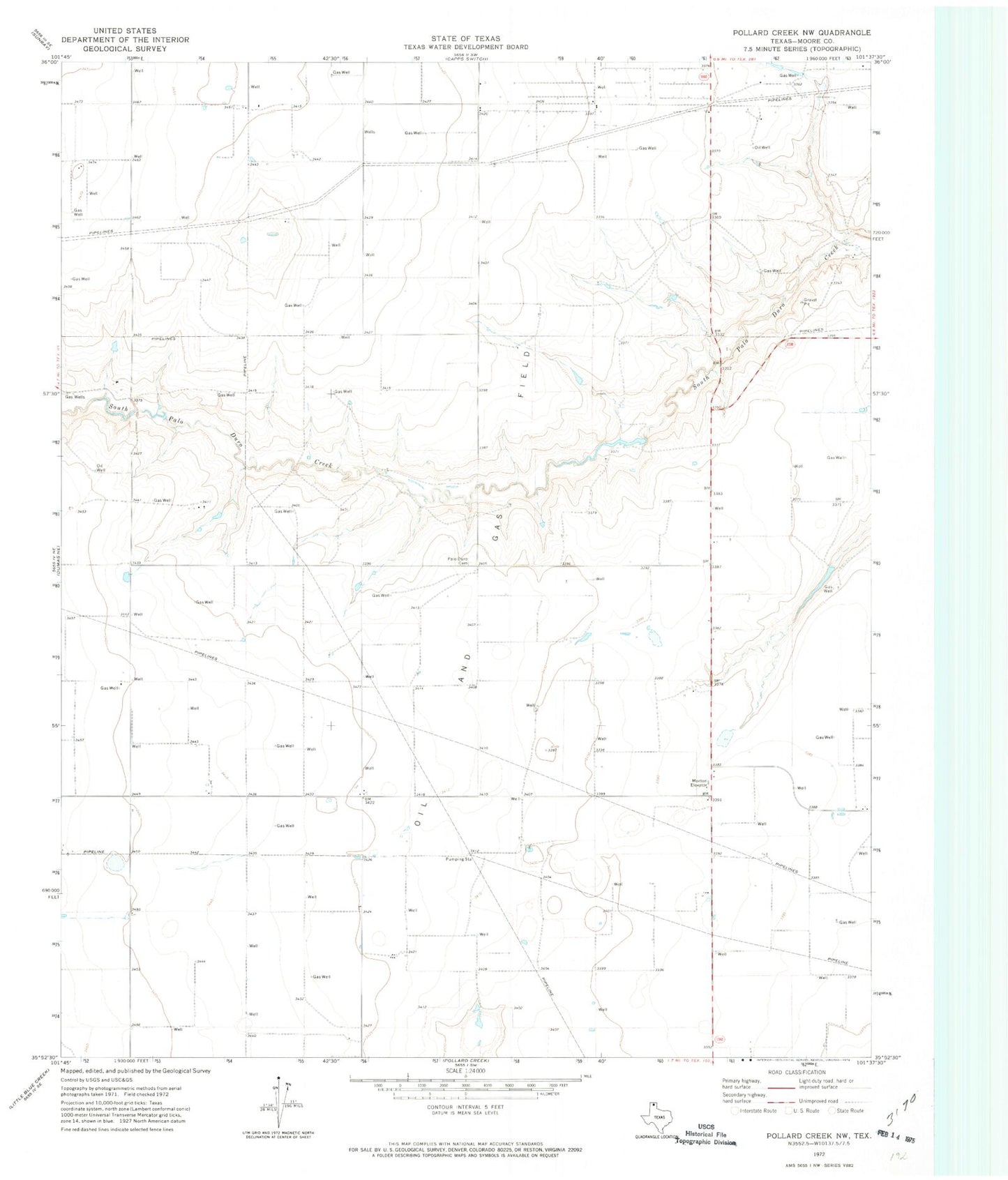 Classic USGS Pollard Creek NW Texas 7.5'x7.5' Topo Map Image