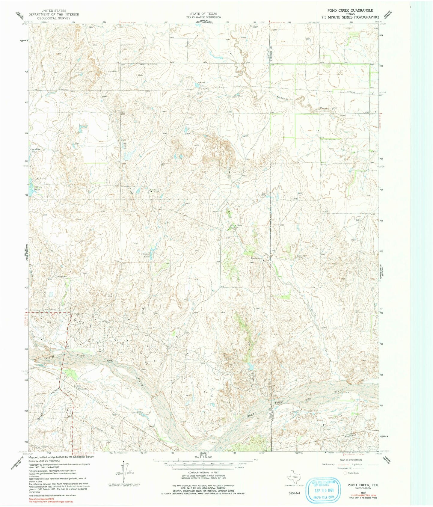 Classic USGS Pond Creek Texas 7.5'x7.5' Topo Map Image