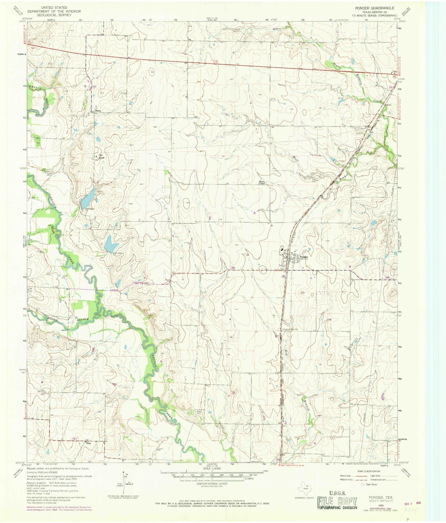 Classic USGS Ponder Texas 7.5'x7.5' Topo Map Image