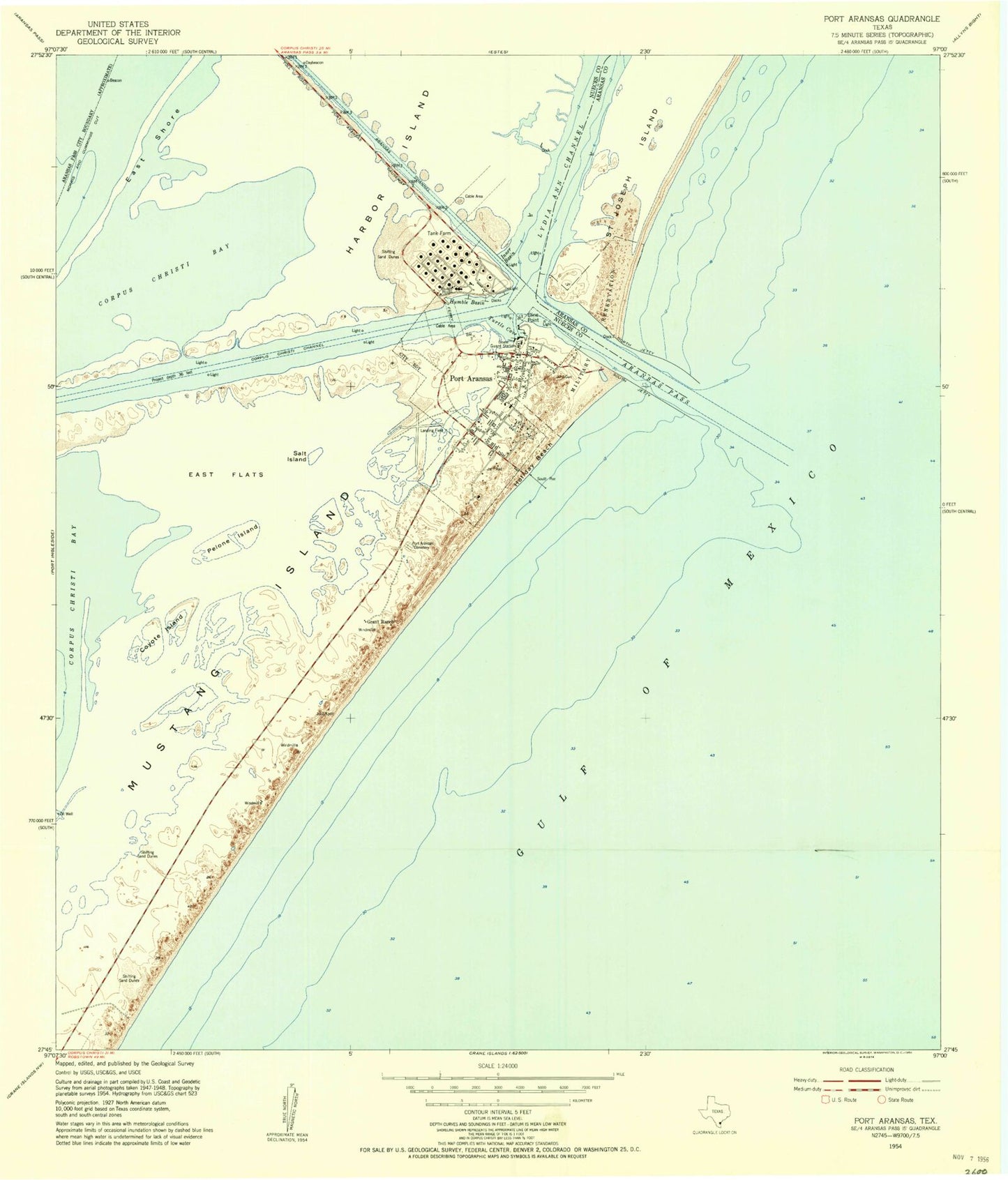 Classic USGS Port Aransas Texas 7.5'x7.5' Topo Map Image