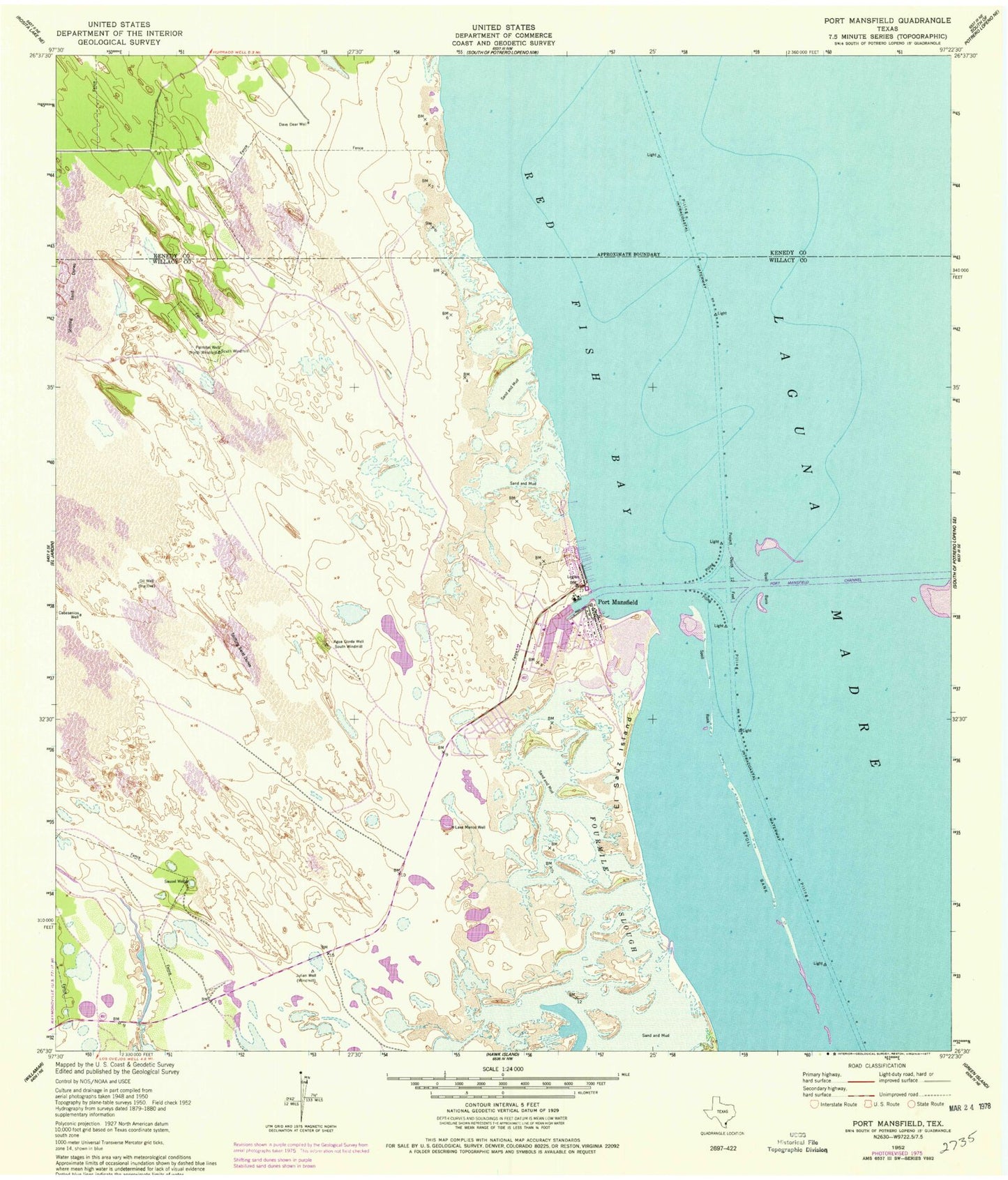 Classic USGS Port Mansfield Texas 7.5'x7.5' Topo Map Image