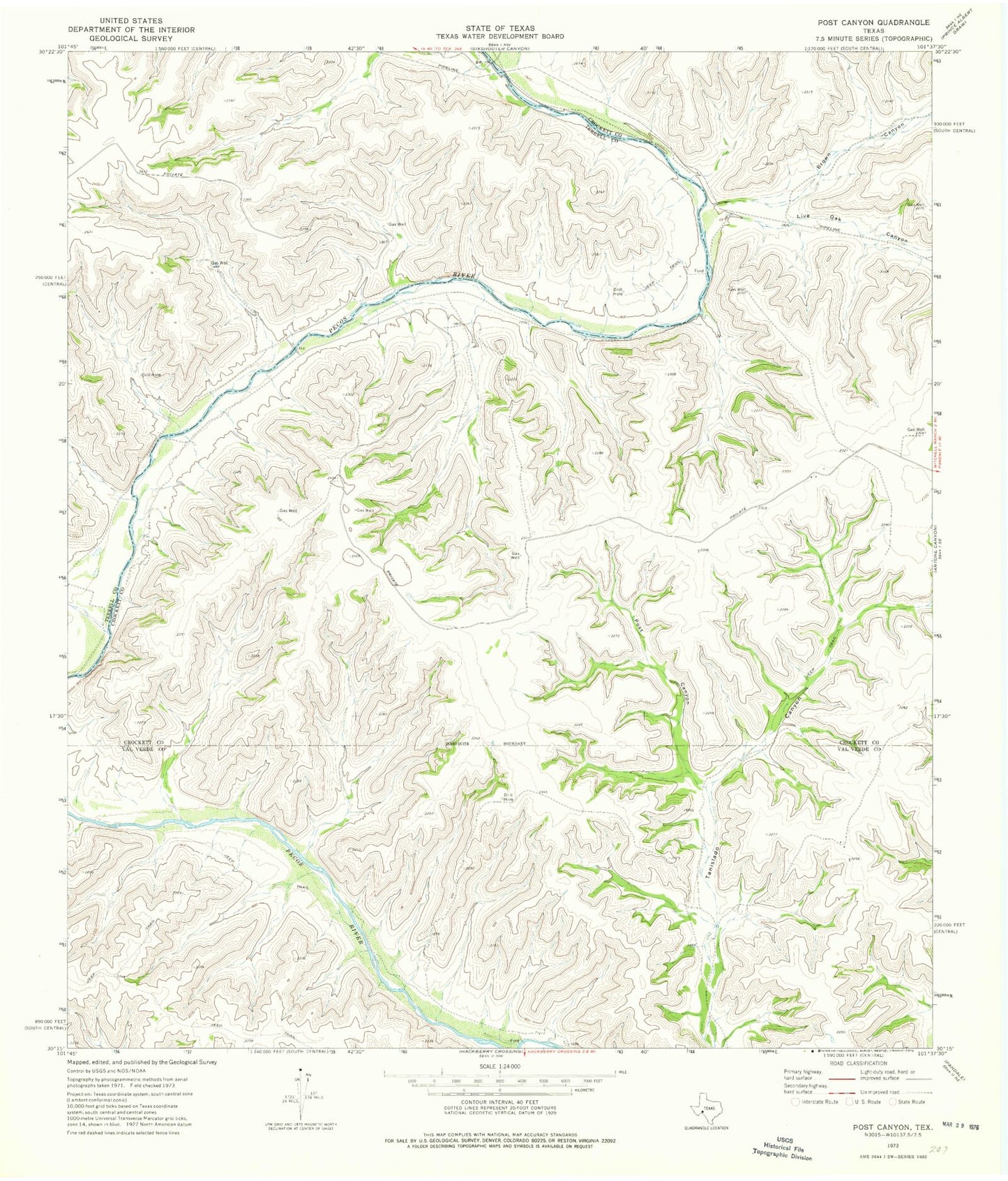 Classic USGS Post Canyon Texas 7.5'x7.5' Topo Map Image