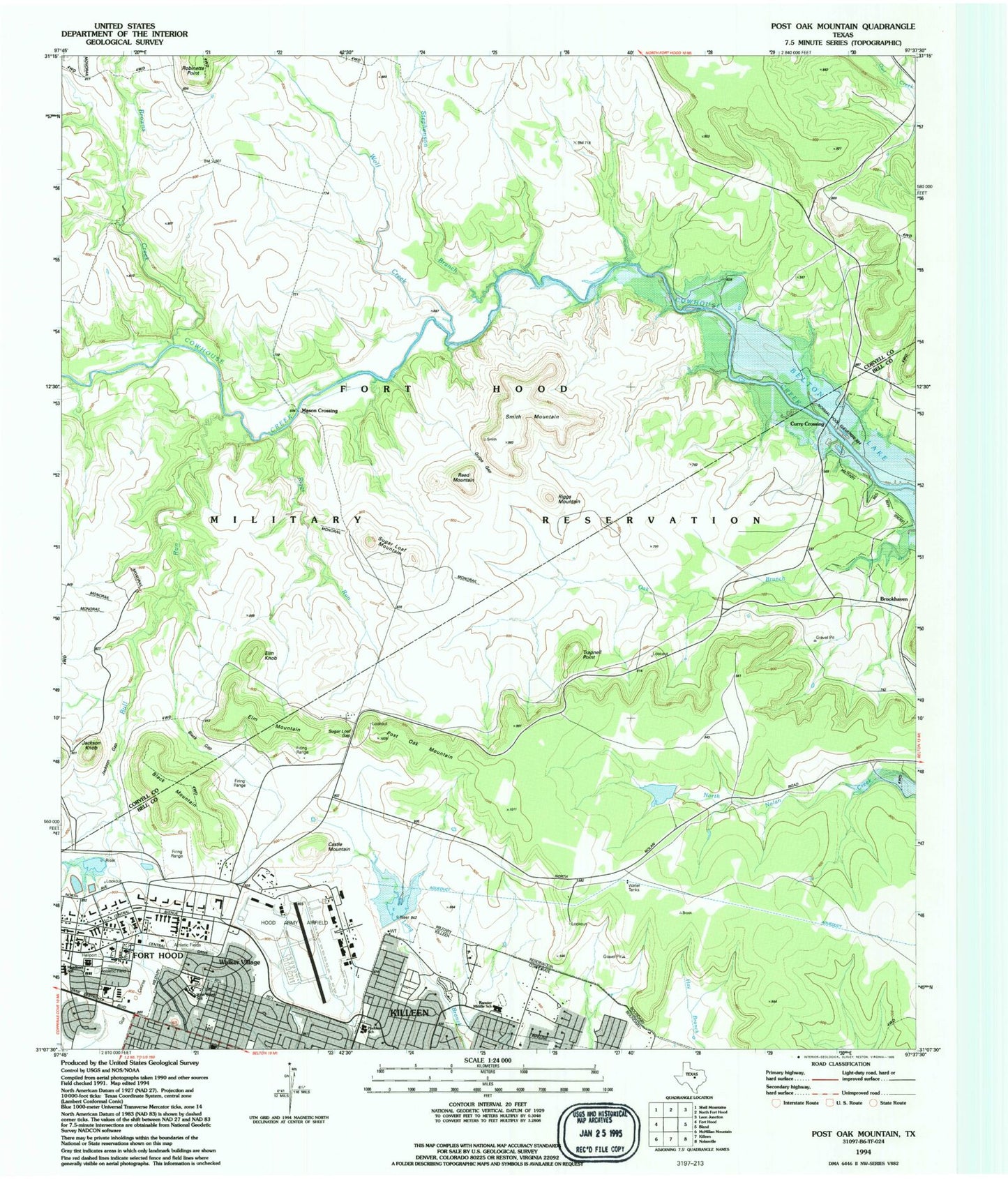Classic USGS Post Oak Mountain Texas 7.5'x7.5' Topo Map Image