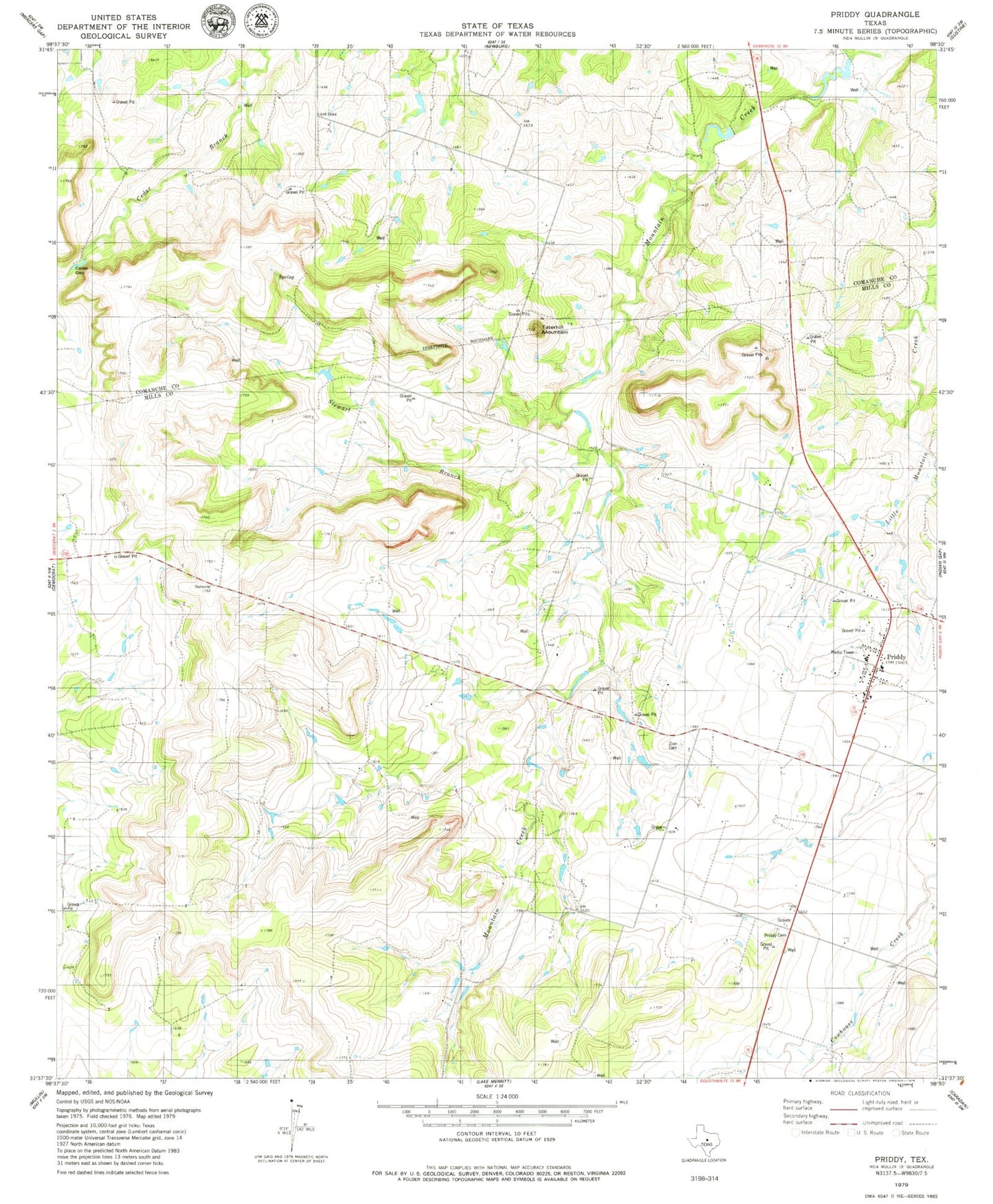 Classic USGS Priddy Texas 7.5'x7.5' Topo Map Image
