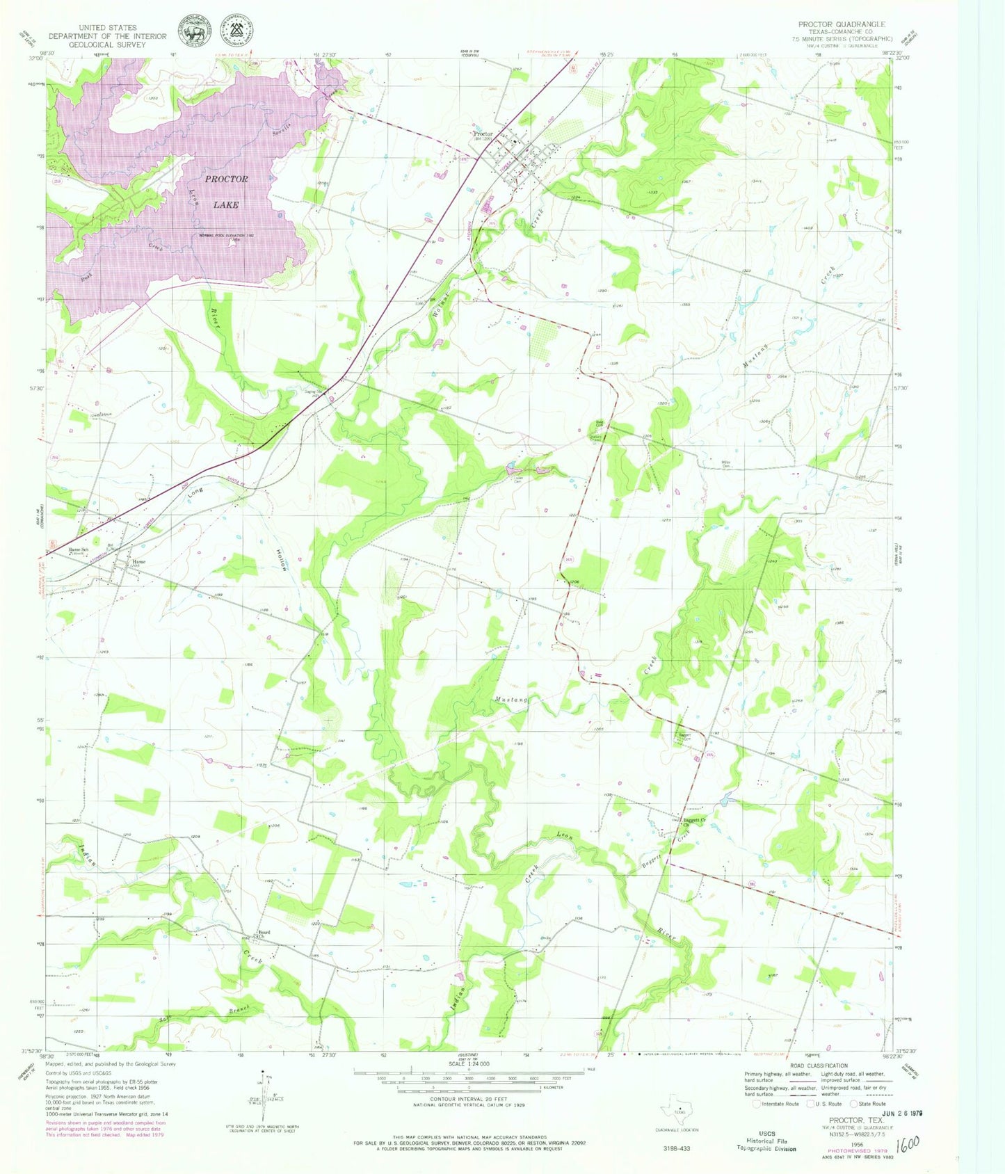 Classic USGS Proctor Texas 7.5'x7.5' Topo Map Image