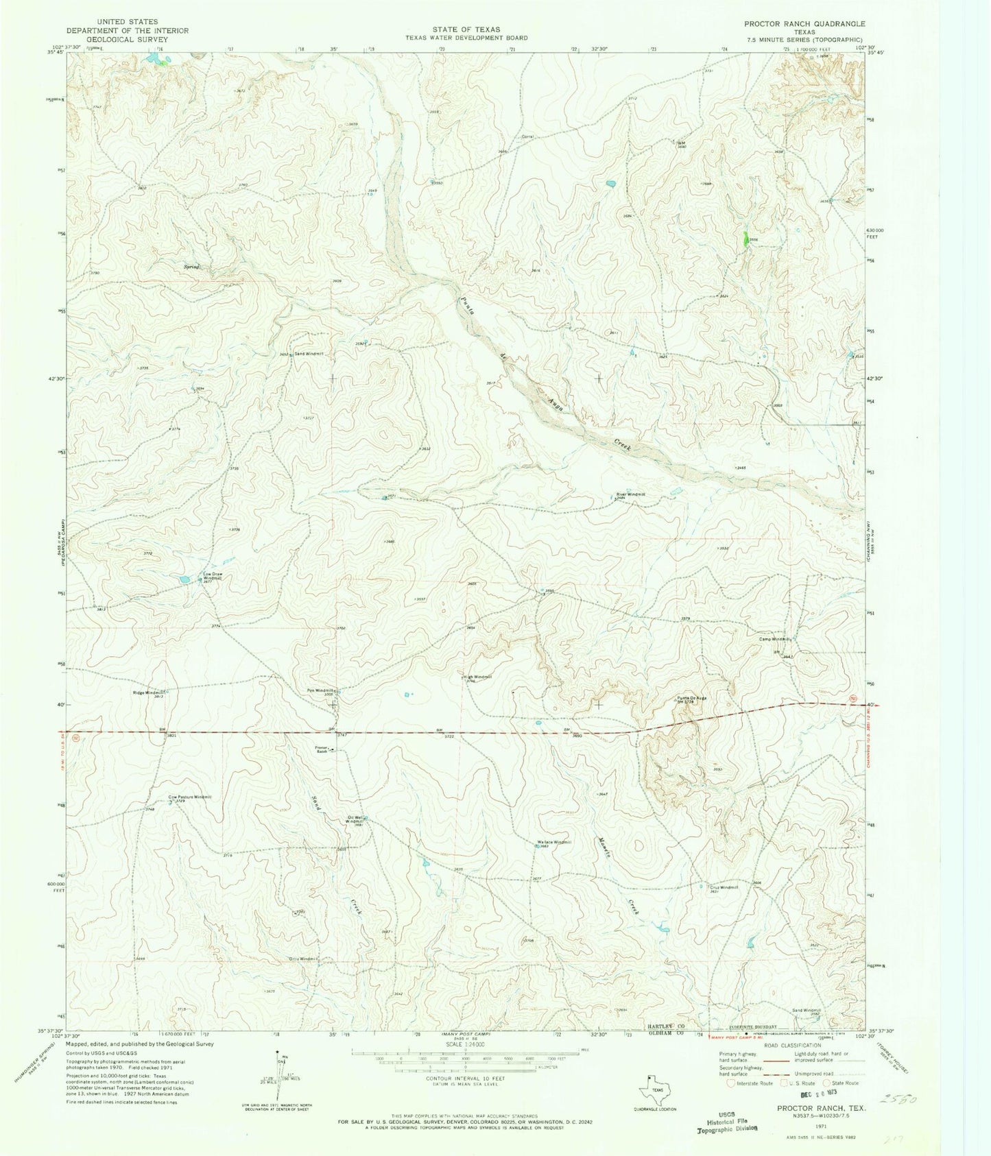 Classic USGS Proctor Ranch Texas 7.5'x7.5' Topo Map Image