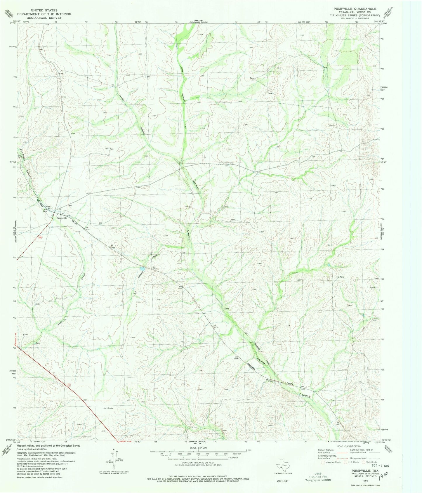 Classic USGS Pumpville Texas 7.5'x7.5' Topo Map Image