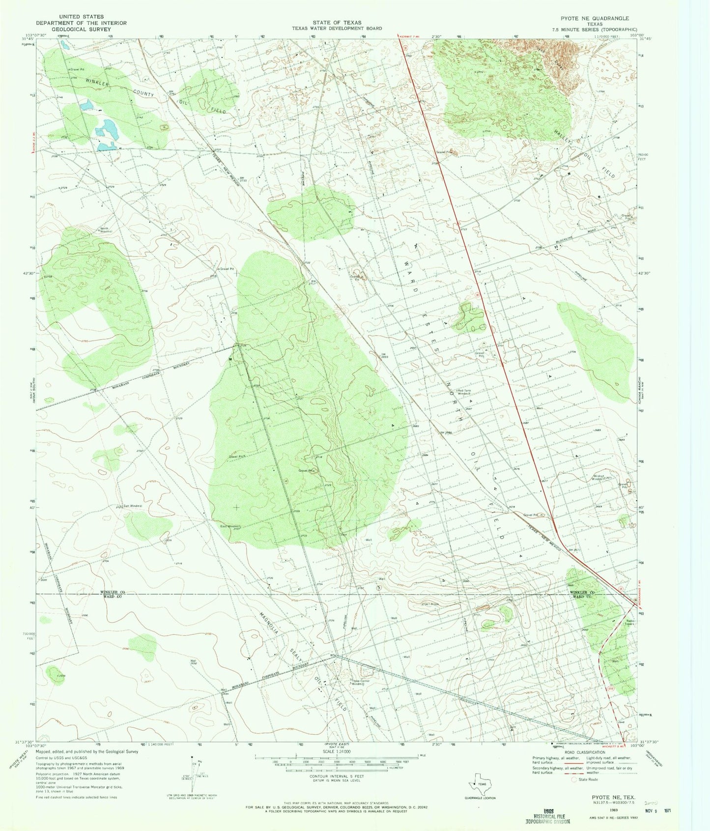 Classic USGS Pyote NE Texas 7.5'x7.5' Topo Map Image