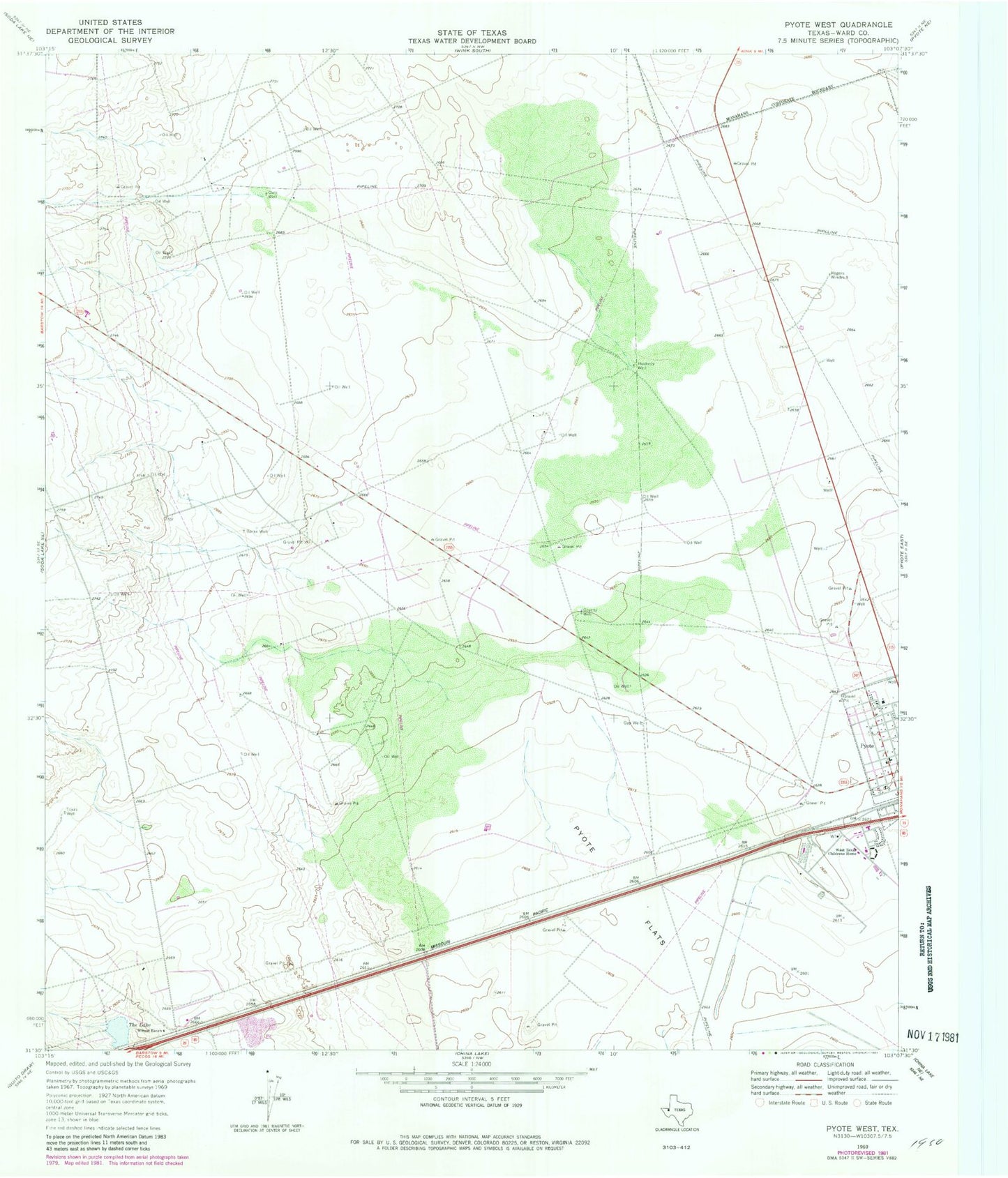 Classic USGS Pyote West Texas 7.5'x7.5' Topo Map Image