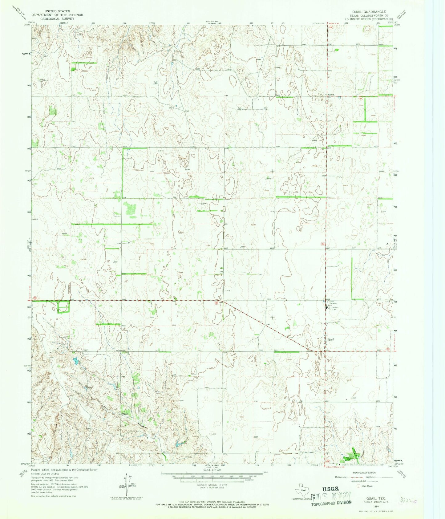 Classic USGS Quail Texas 7.5'x7.5' Topo Map Image