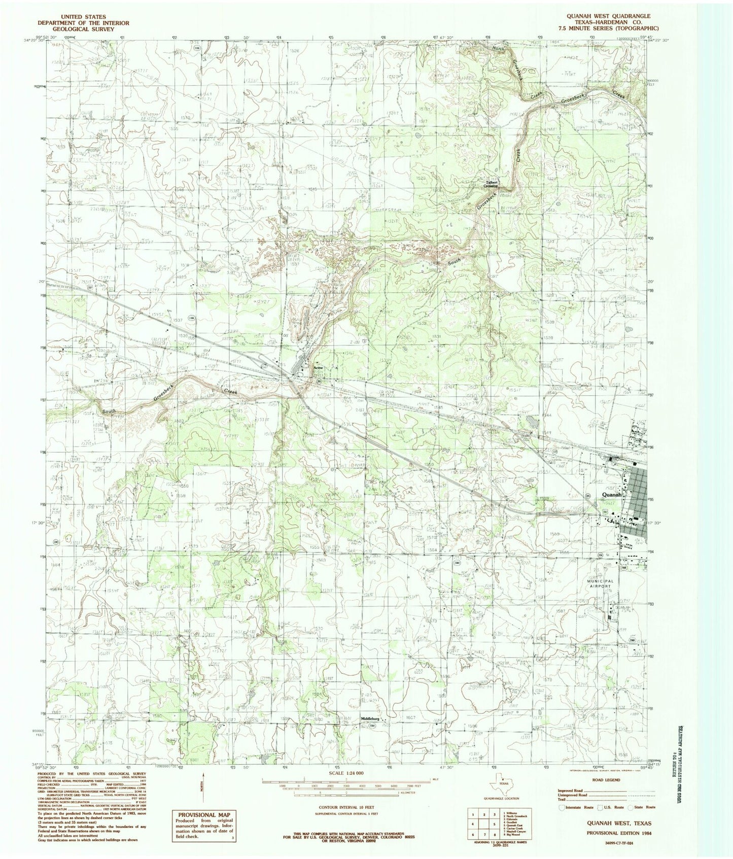 Classic USGS Quanah West Texas 7.5'x7.5' Topo Map Image