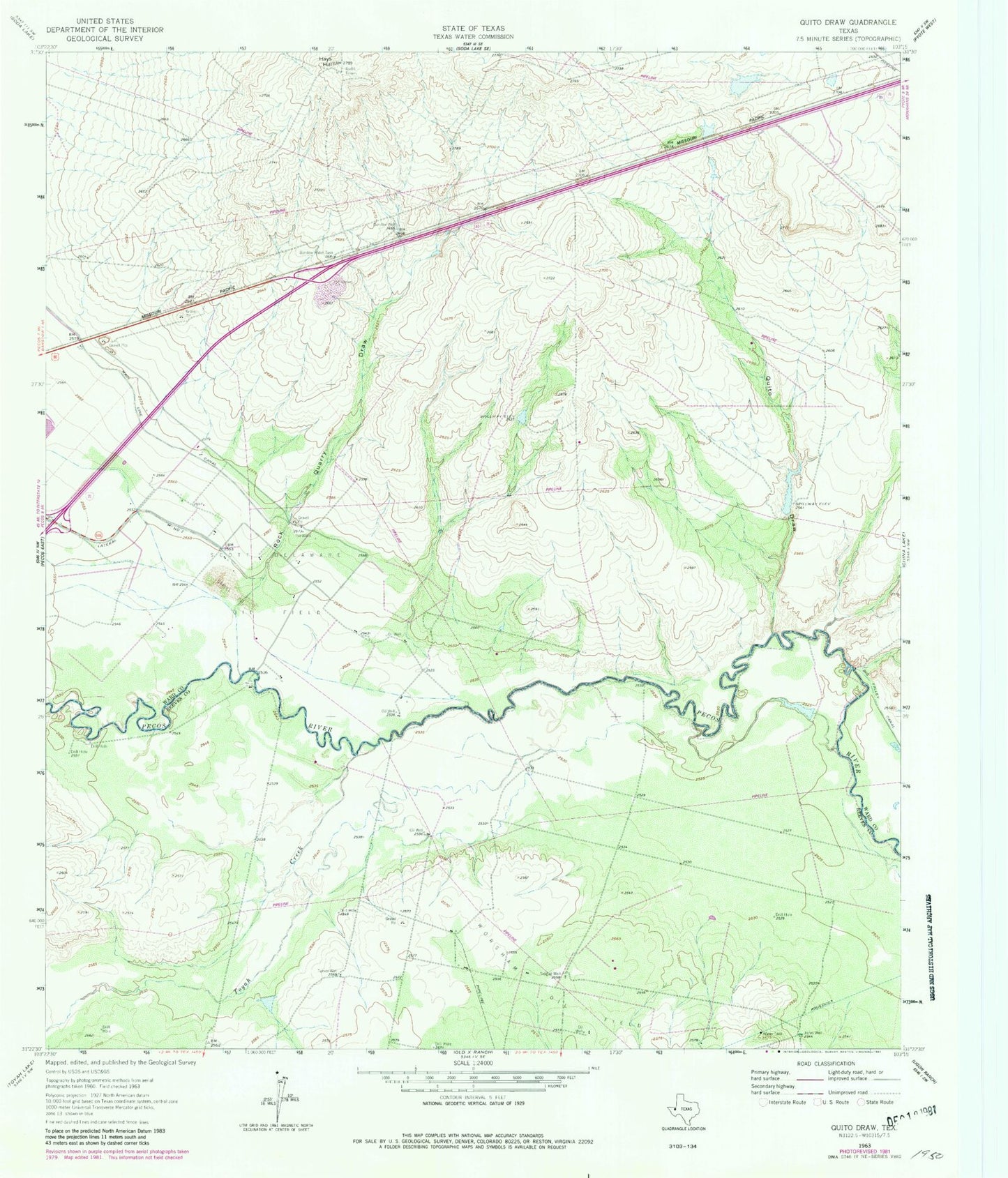 Classic USGS Quito Draw Texas 7.5'x7.5' Topo Map Image