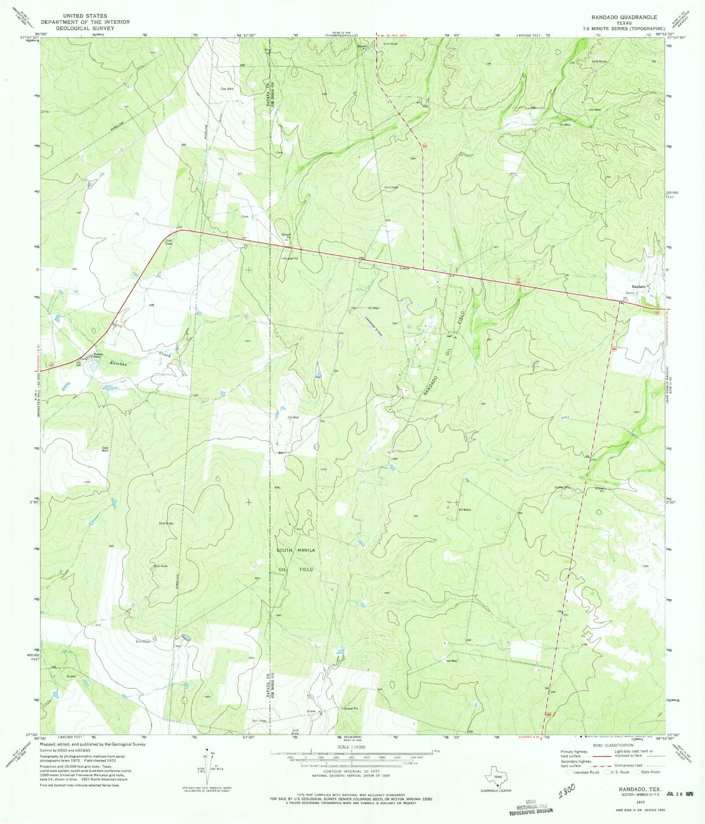 Classic USGS Randado Texas 7.5'x7.5' Topo Map Image