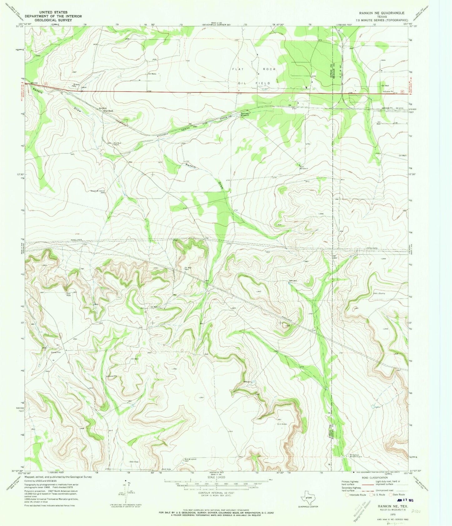 Classic USGS Rankin NE Texas 7.5'x7.5' Topo Map Image