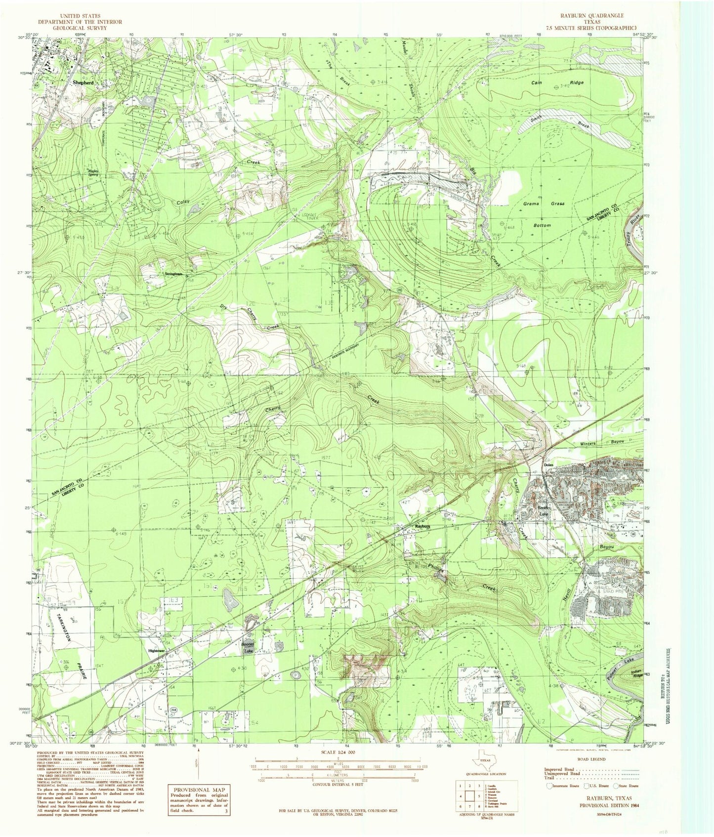 Classic USGS Rayburn Texas 7.5'x7.5' Topo Map Image